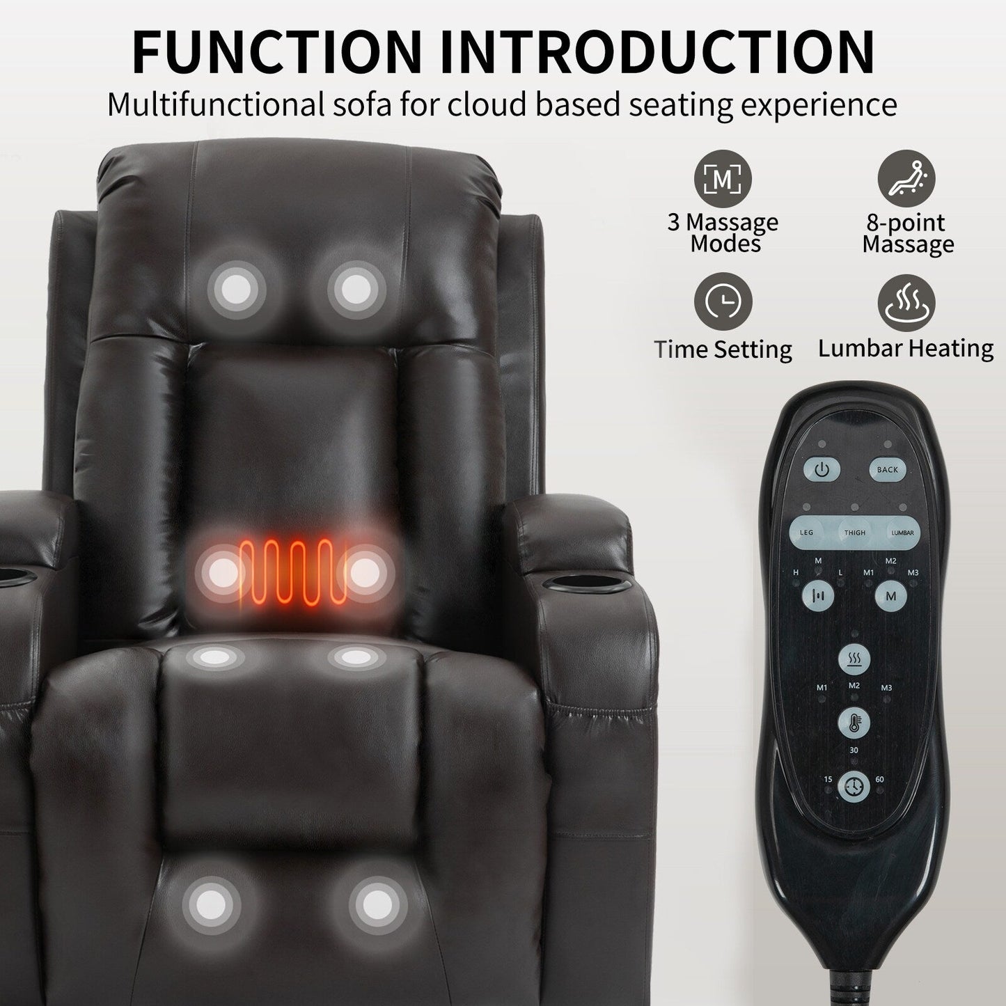 Poltrona reclinabile elettrica nera con massaggio vibrante, riscaldamento lombare, porta USB e portabicchieri per il comfort degli anziani