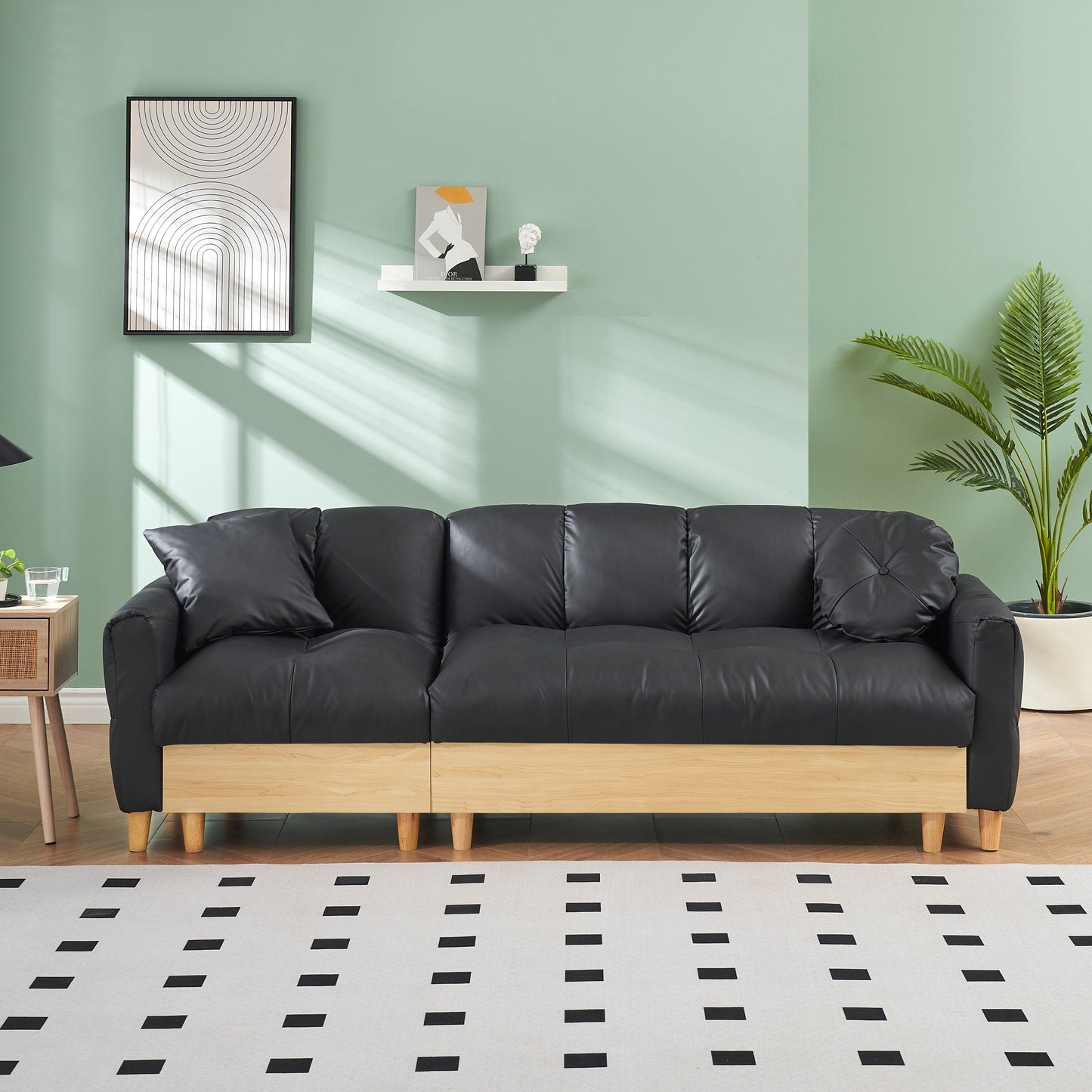 Divano letto imbottito moderno a 3 posti in tessuto tecnico nero 84.64 con cuscini, seduta contenitore e cassetto