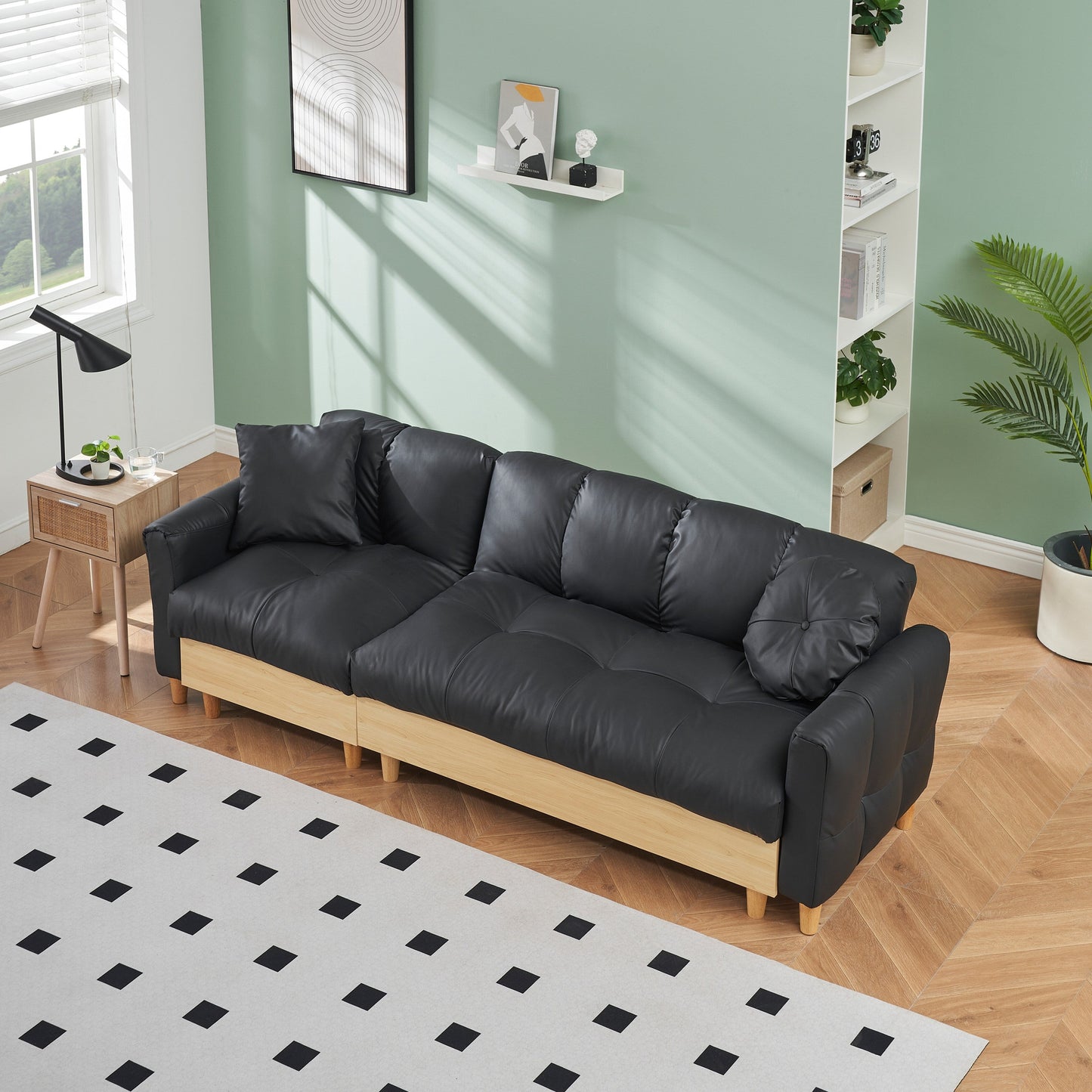 Divano letto a 3 posti imbottito in tessuto tecnico nero con contenitore e cassetto