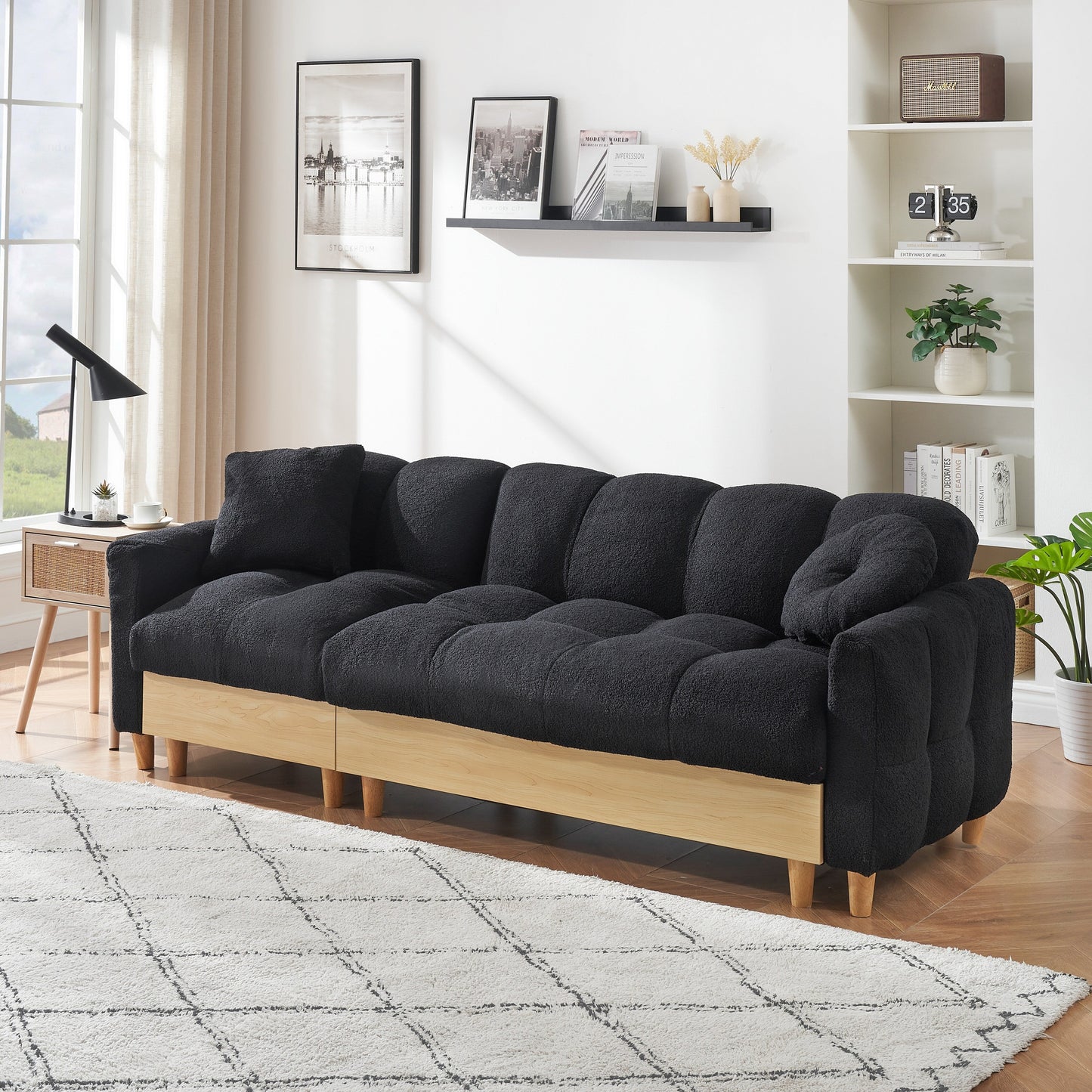 Divano letto imbottito Teddy nero a 3 posti con contenitore e cassetto