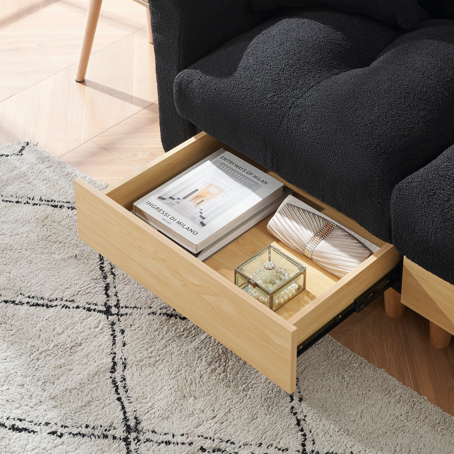 Divano letto imbottito Teddy nero a 3 posti con contenitore e cassetto