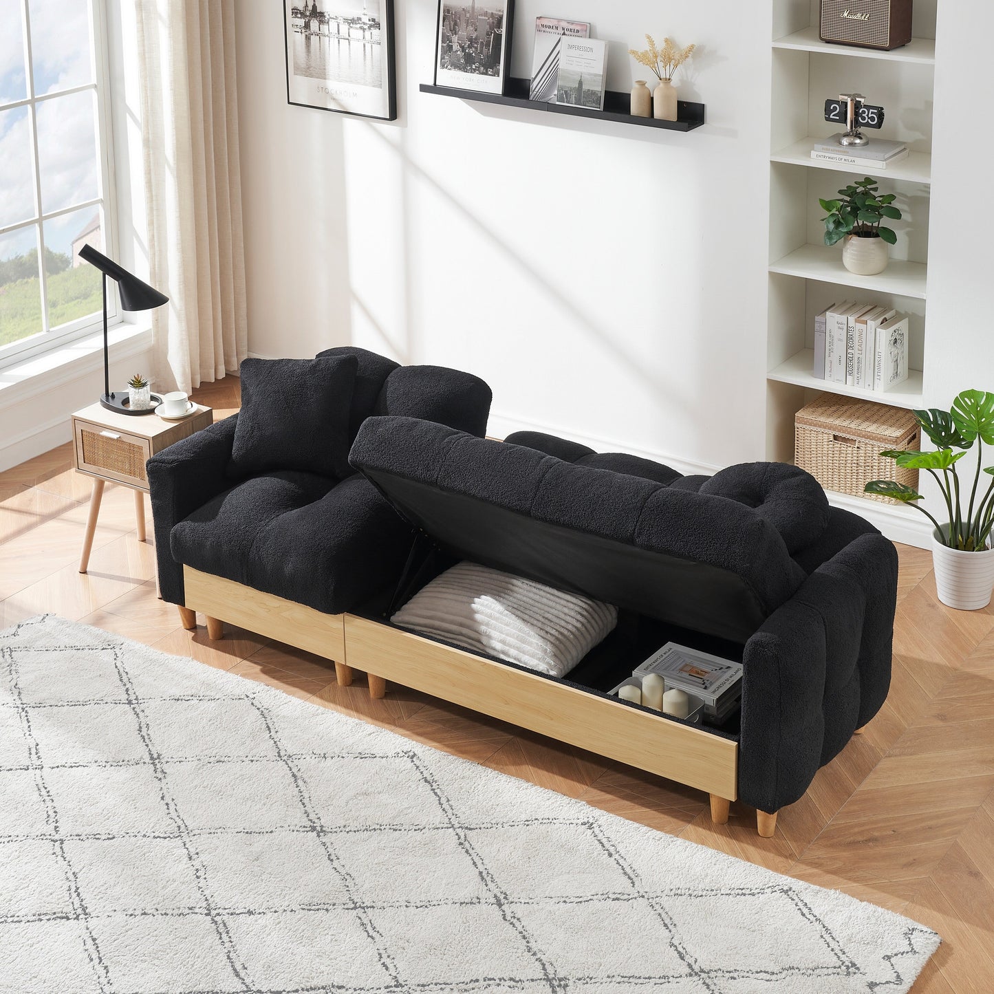 Divano letto imbottito Teddy nero a 3 posti con contenitore e cassetto
