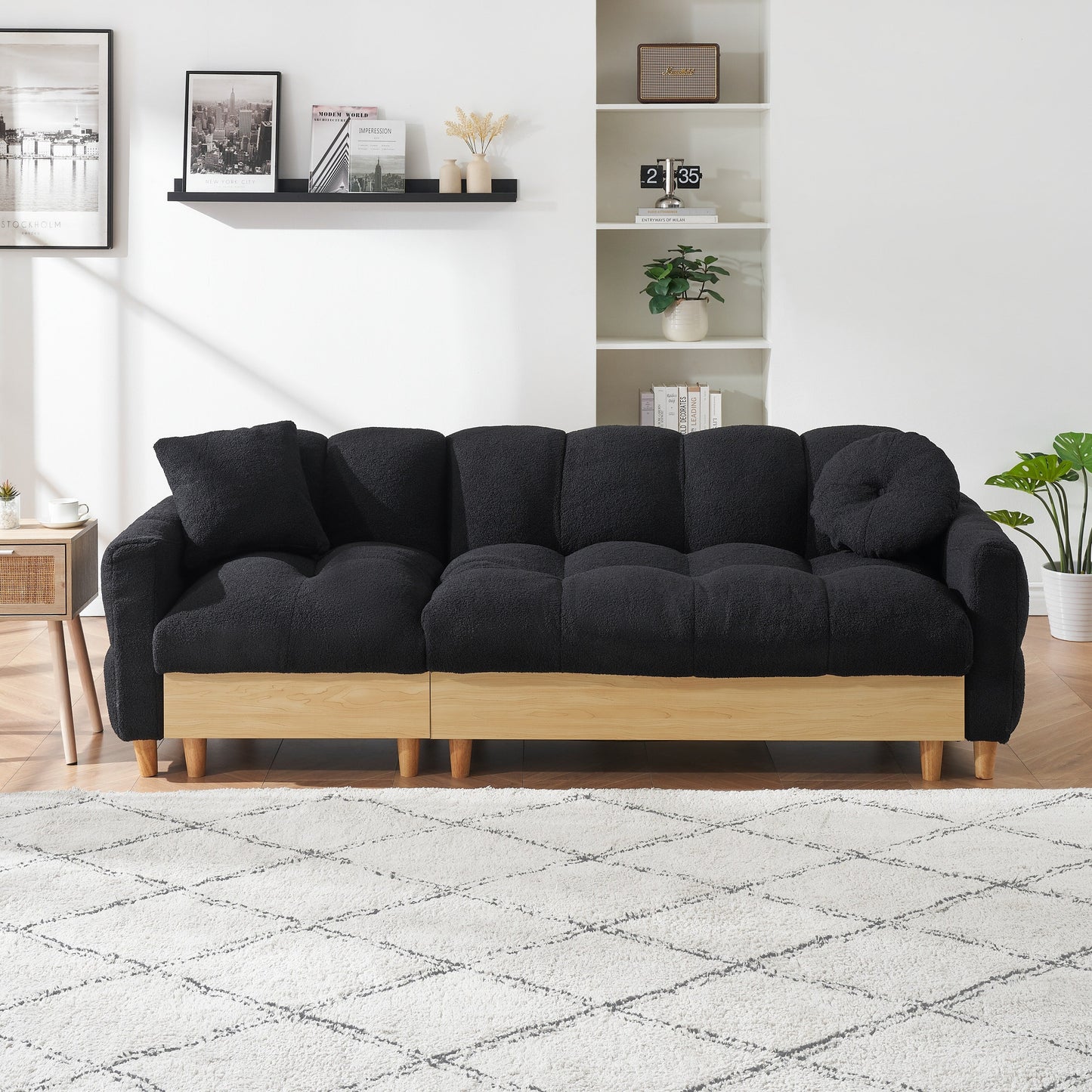 Divano letto imbottito Teddy nero a 3 posti con contenitore e cassetto
