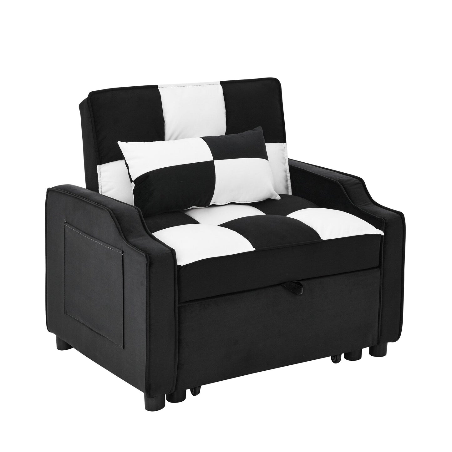 Divano letto singolo convertibile in velluto bianco nero da 35,5 pollici con letto estraibile, tasca portaoggetti e cuscini