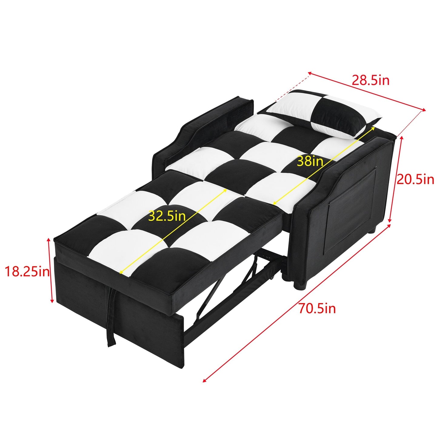 Divano letto singolo convertibile in velluto bianco nero da 35,5 pollici con letto estraibile, tasca portaoggetti e cuscini