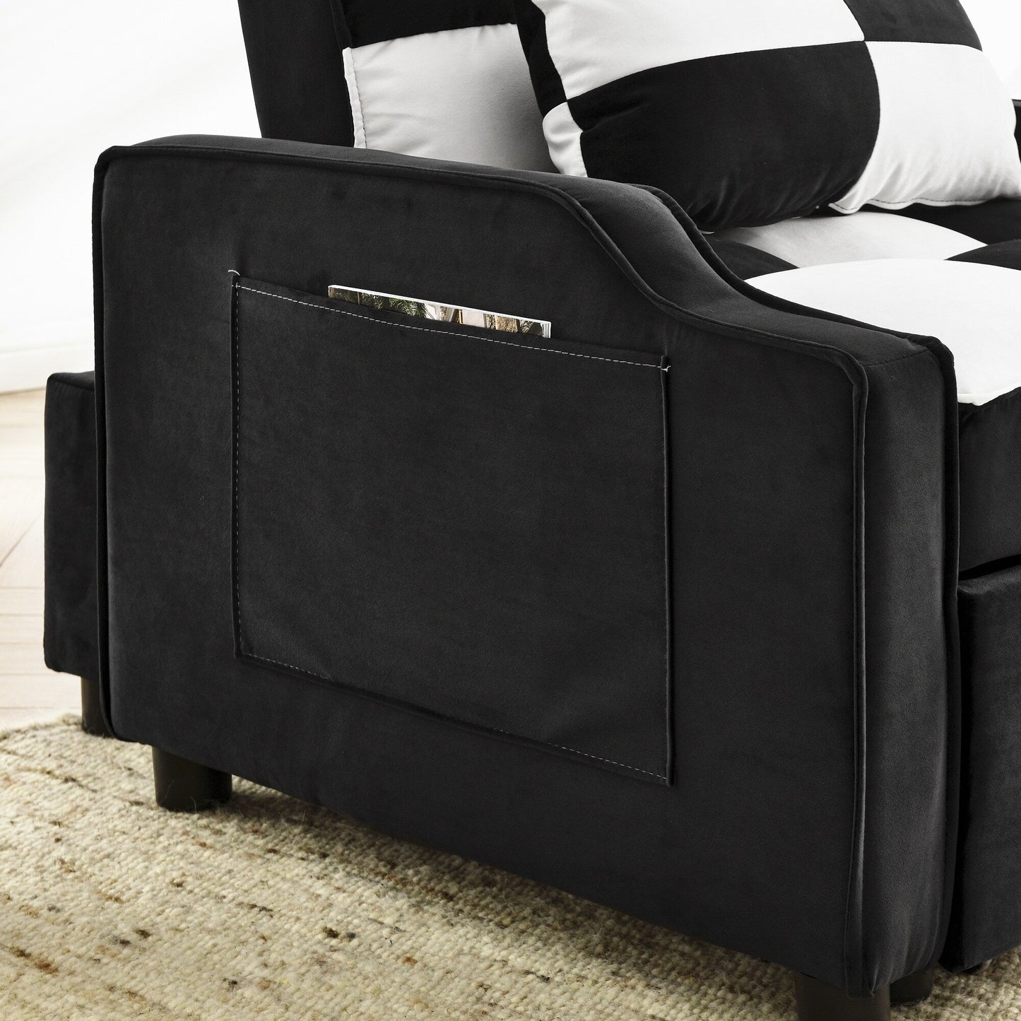 Divano letto singolo convertibile in velluto bianco nero da 35,5 pollici con letto estraibile, tasca portaoggetti e cuscini