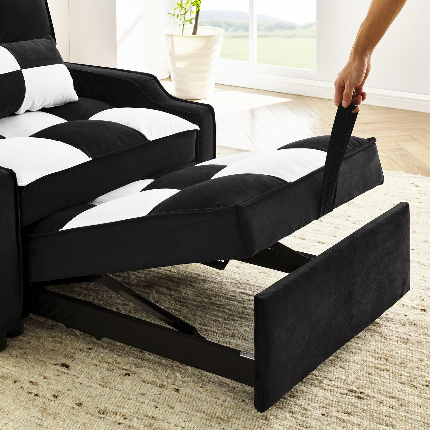 Divano letto singolo convertibile in velluto bianco nero da 35,5 pollici con letto estraibile, tasca portaoggetti e cuscini