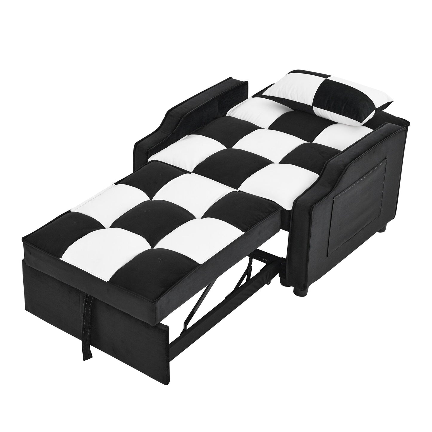 Divano letto singolo convertibile in velluto bianco nero da 35,5 pollici con letto estraibile, tasca portaoggetti e cuscini