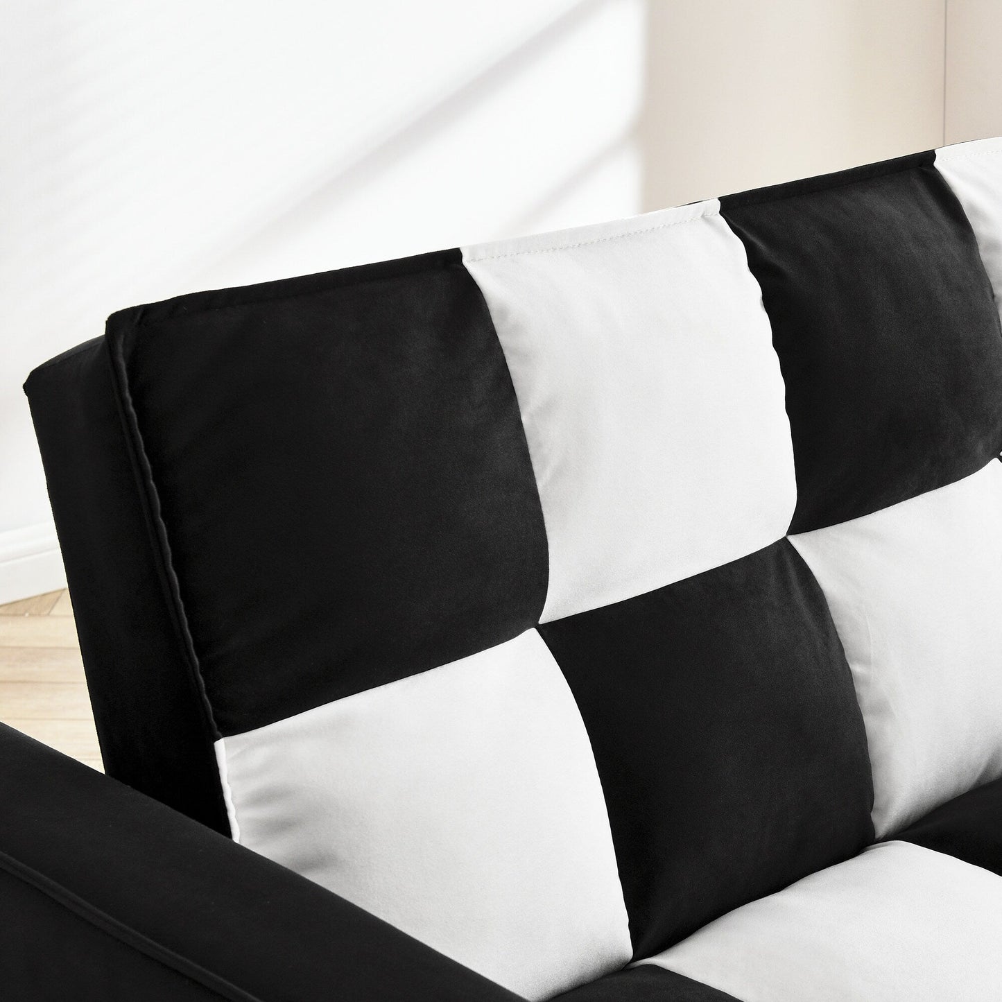 Divano letto singolo convertibile in velluto bianco nero da 35,5 pollici con letto estraibile, tasca portaoggetti e cuscini