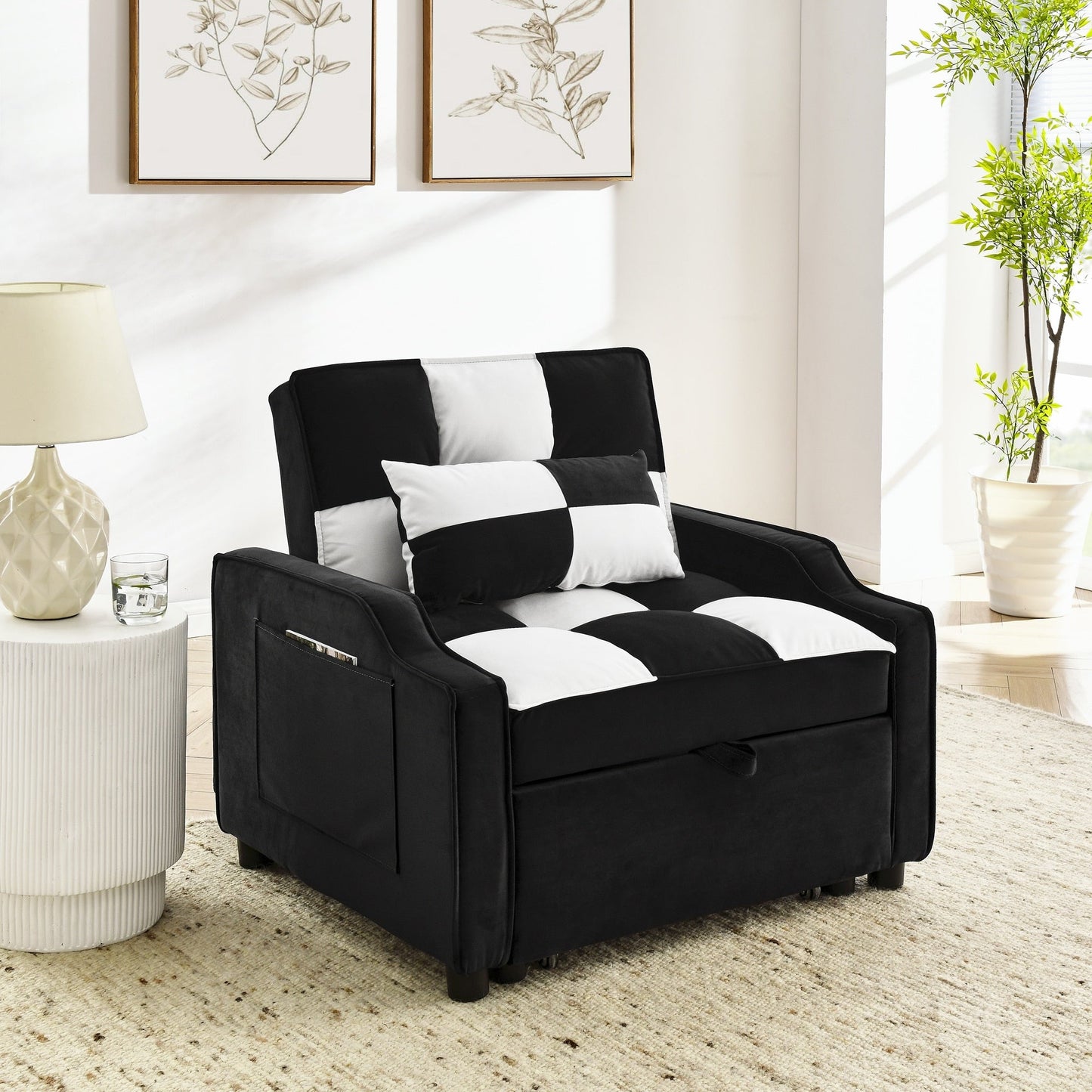 Divano letto singolo convertibile in velluto bianco e nero con letto estraibile