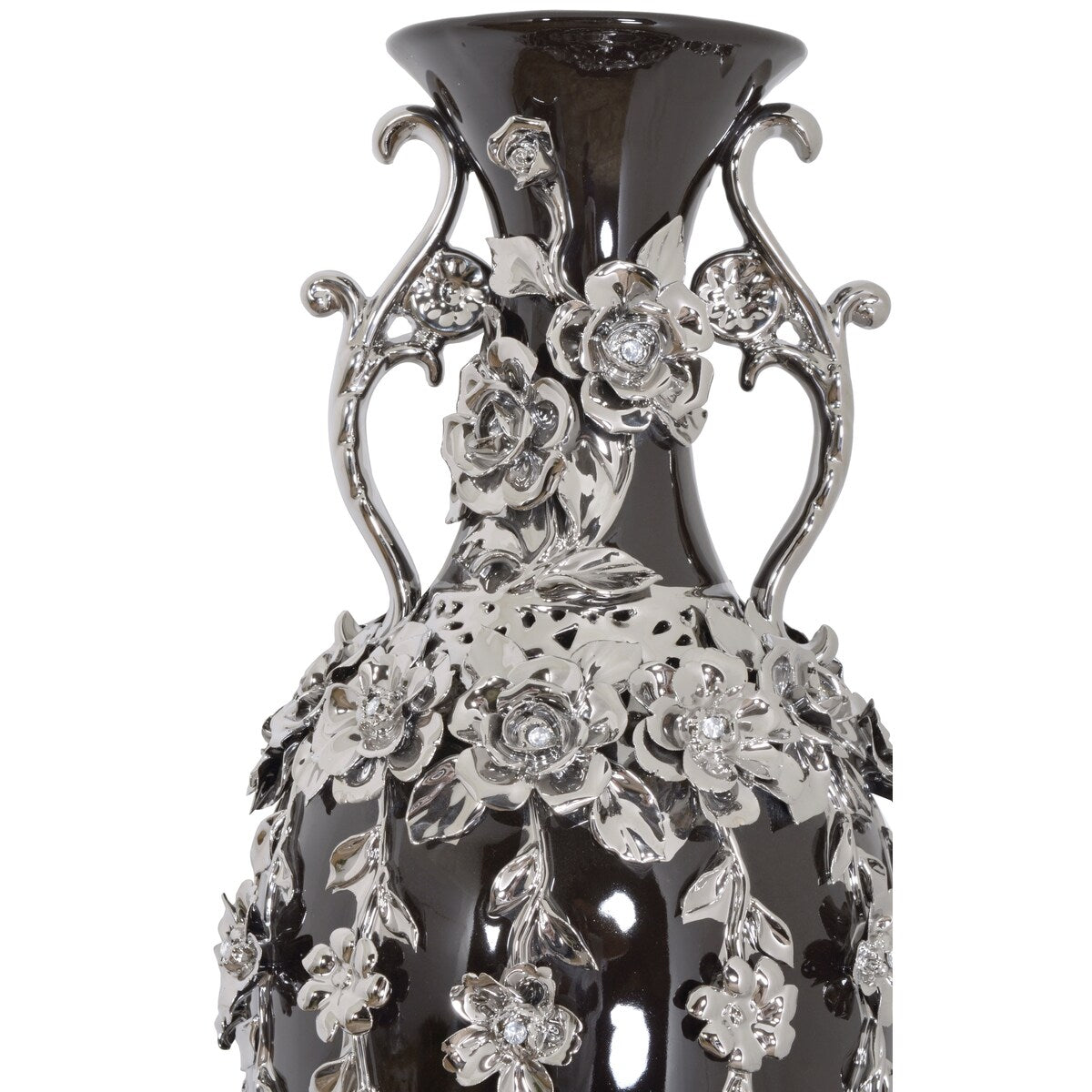 Splendido vaso con fioriera nera e argento, alto 35 pollici