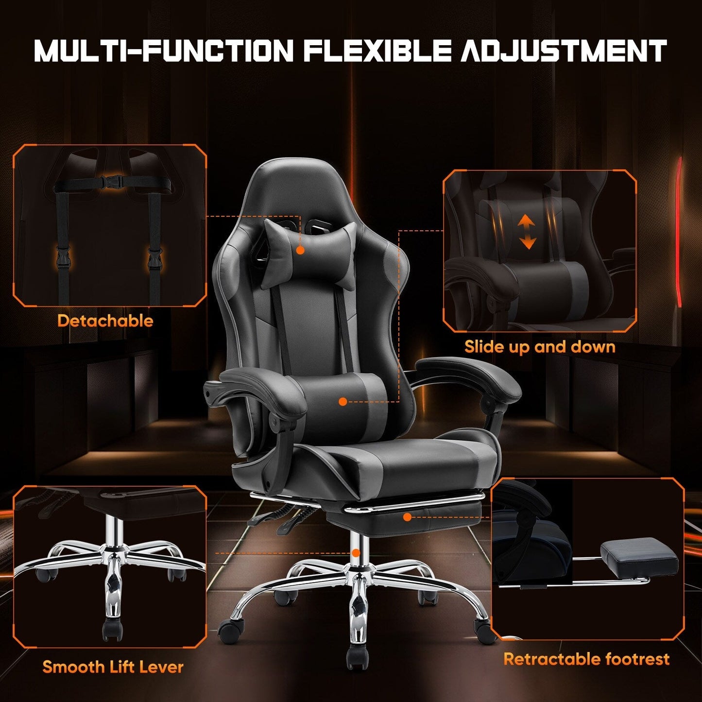 Poltrona reclinabile da gioco ergonomica in pelle PU nera e grigia, girevole a 360°, con poggiapiedi, poggiatesta, supporto lombare, altezza regolabile