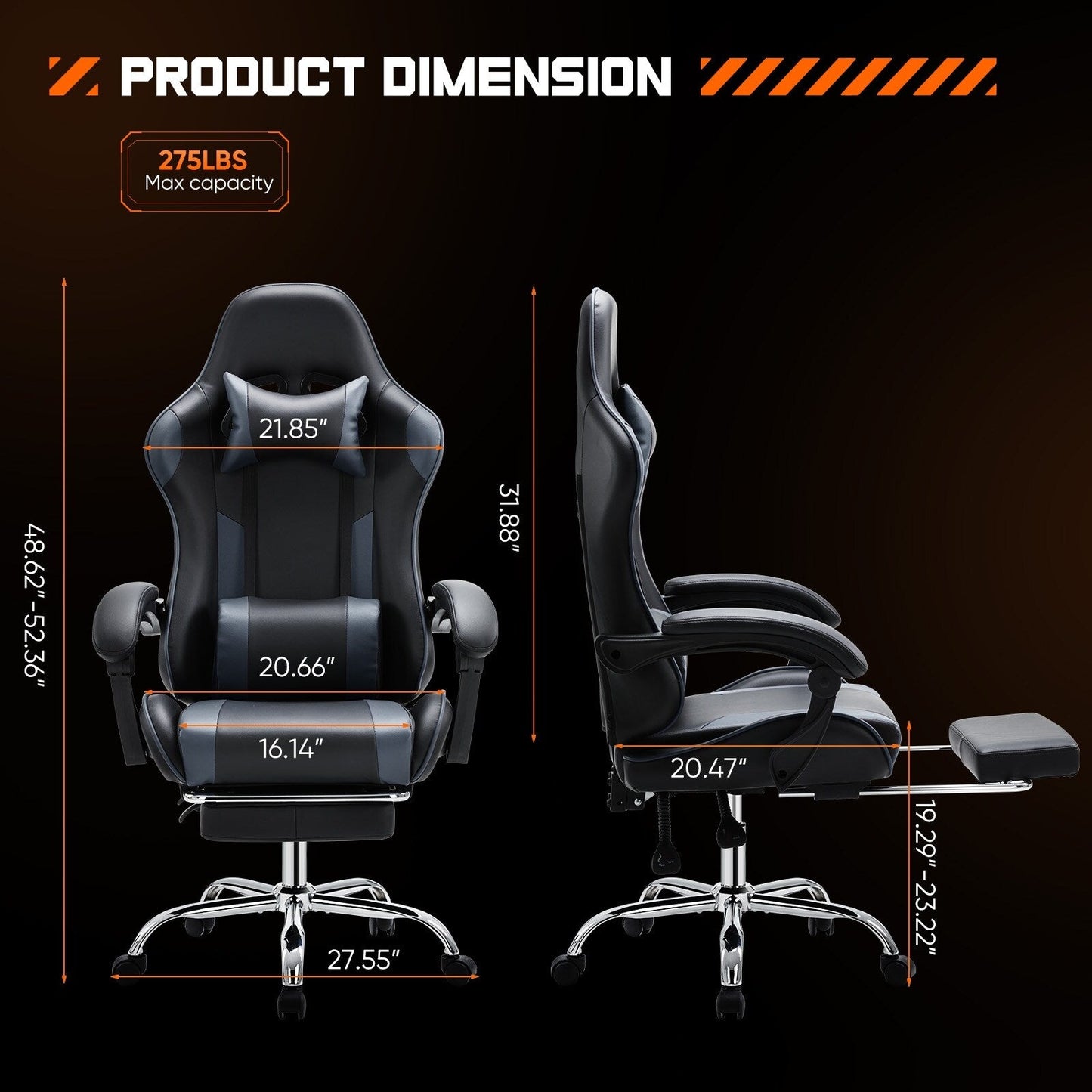 Poltrona reclinabile da gioco ergonomica in pelle PU nera e grigia, girevole a 360°, con poggiapiedi, poggiatesta, supporto lombare, altezza regolabile