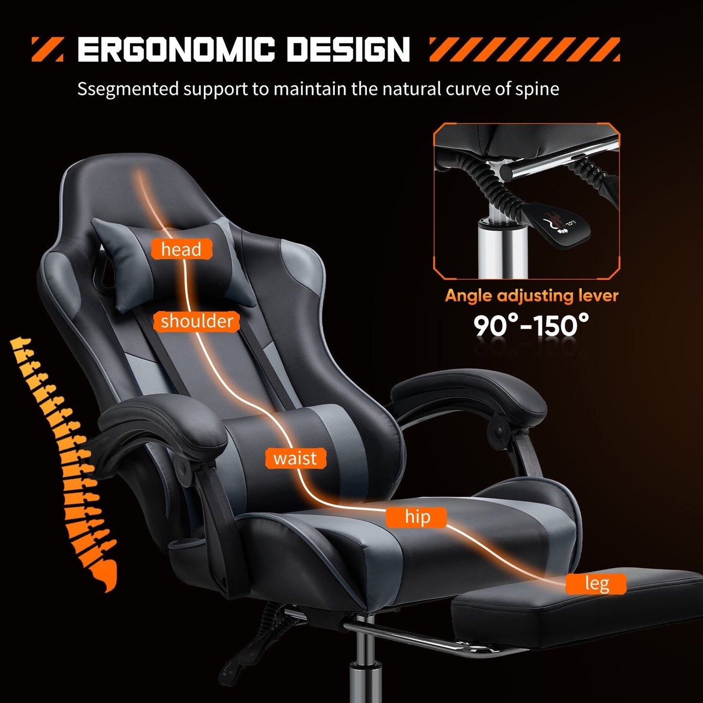 Poltrona reclinabile da gioco ergonomica in pelle PU nera e grigia, girevole a 360°, con poggiapiedi, poggiatesta, supporto lombare, altezza regolabile