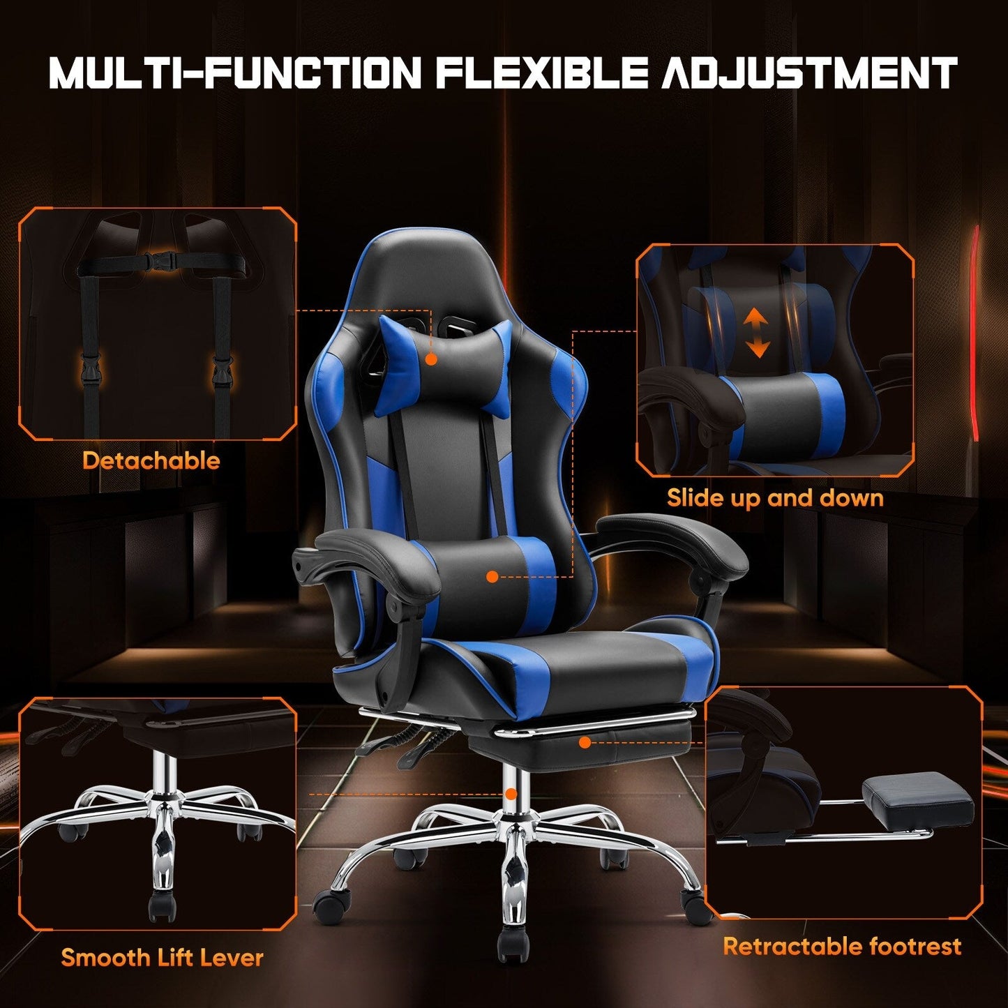 Poltrona reclinabile da gioco ergonomica in pelle PU nera e blu con poggiapiedi, poggiatesta, supporto lombare e altezza regolabile, girevole a 360°