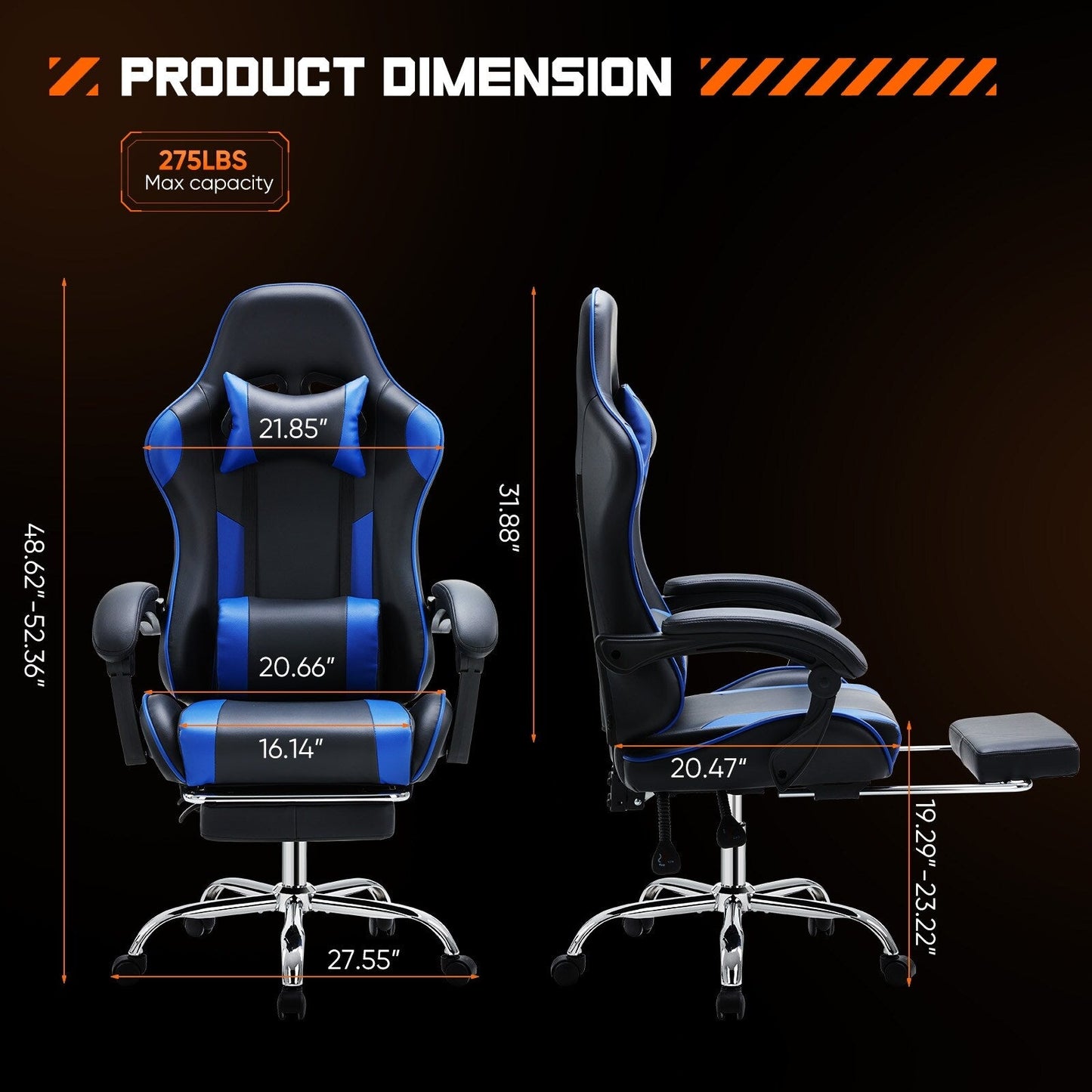 Poltrona reclinabile da gioco ergonomica in pelle PU nera e blu con poggiapiedi, poggiatesta, supporto lombare e altezza regolabile, girevole a 360°