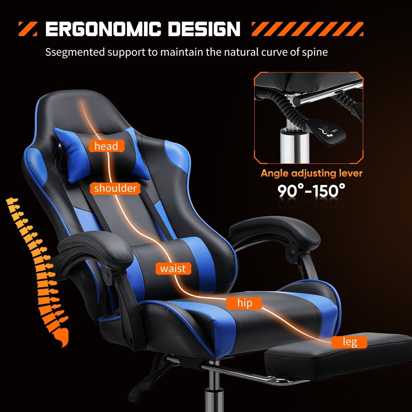 Poltrona reclinabile da gioco ergonomica in pelle PU nera e blu con poggiapiedi, poggiatesta, supporto lombare e altezza regolabile, girevole a 360°