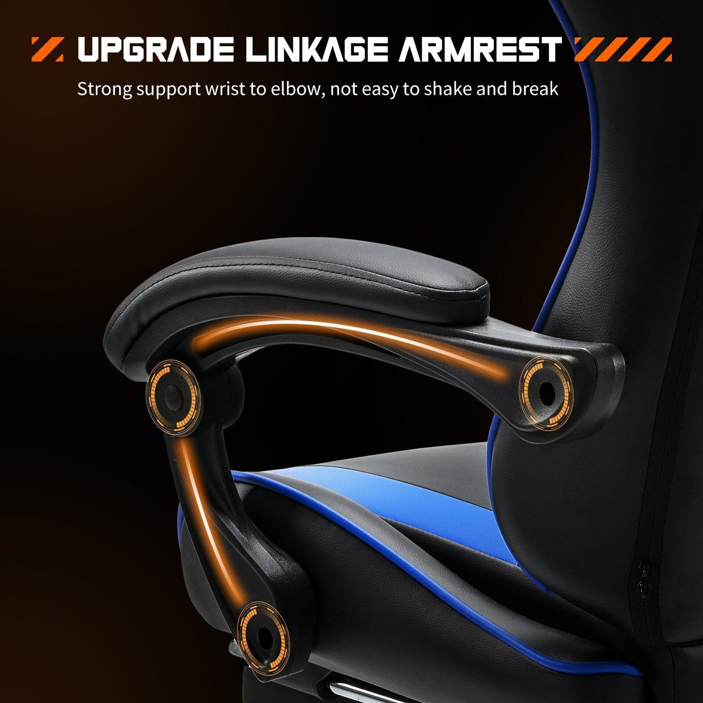 Poltrona reclinabile da gioco ergonomica in pelle PU nera e blu con poggiapiedi, poggiatesta, supporto lombare e altezza regolabile, girevole a 360°