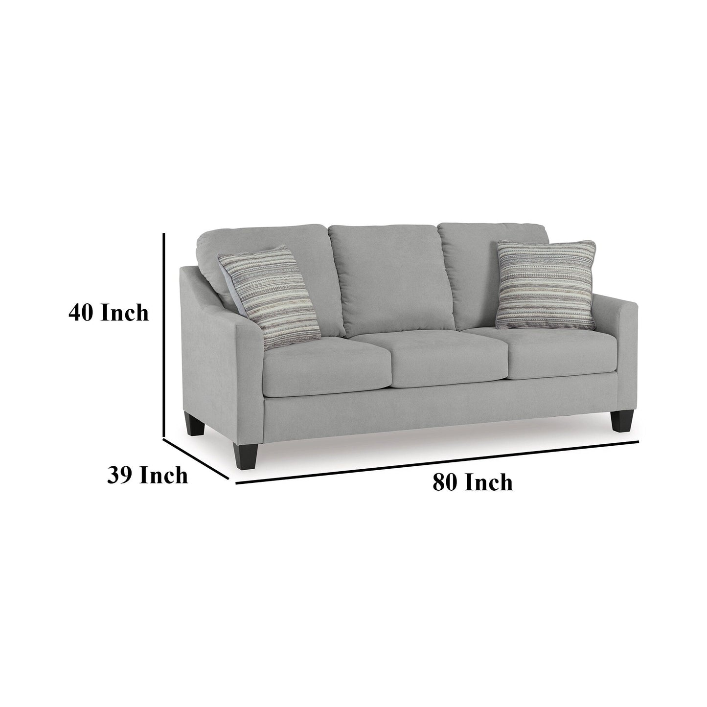 Divano Blaire, poliestere grigio, 2 cuscini decorativi, legno nero, 80 pollici