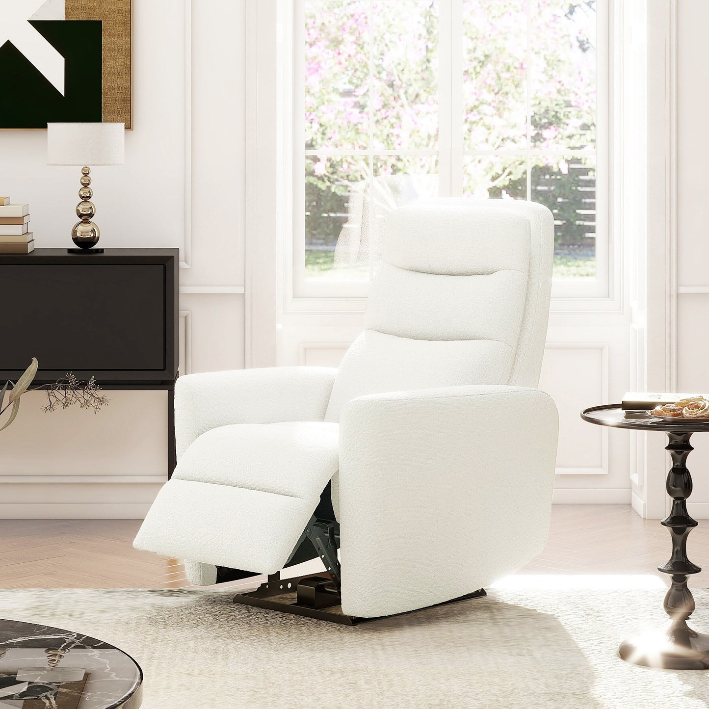 Poltrona reclinabile elettrica con schienale alto e rivestimento in tessuto Boucle Bloomy 35.5