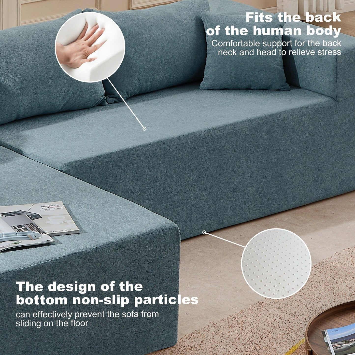 Divano componibile a 3 posti a forma di L in tessuto blu da 107,48'' con chaise longue e cuscini da 16,53 pollici, combinazione libera di 2 pezzi