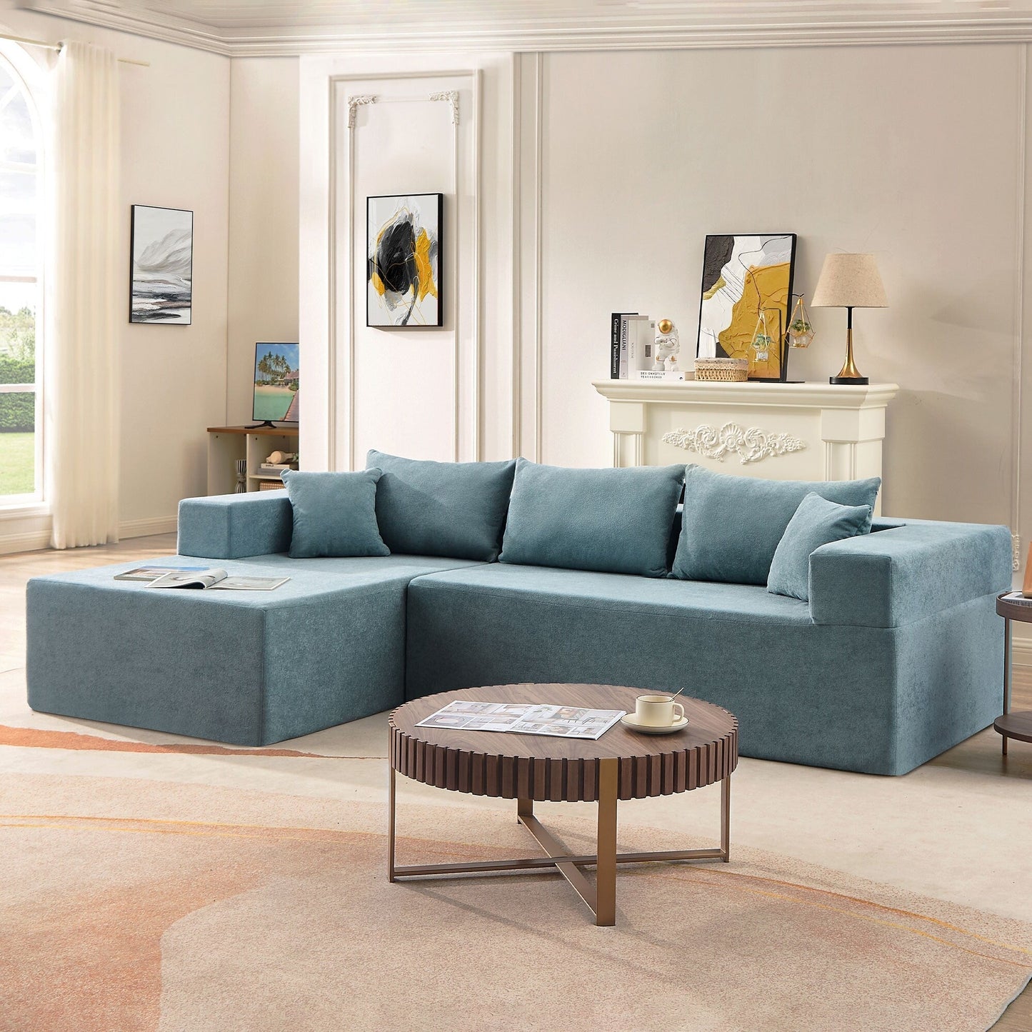 Divano componibile a 3 posti a forma di L in tessuto blu da 107,48'' con chaise longue e cuscini da 16,53 pollici, combinazione libera di 2 pezzi