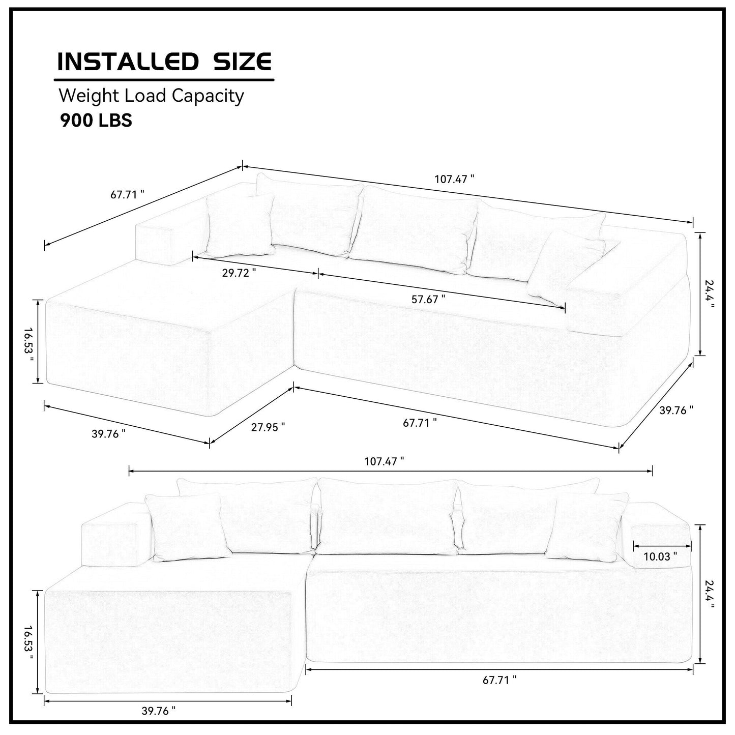 Divano componibile a 3 posti a forma di L in tessuto blu da 107,48'' con chaise longue e cuscini da 16,53 pollici, combinazione libera di 2 pezzi