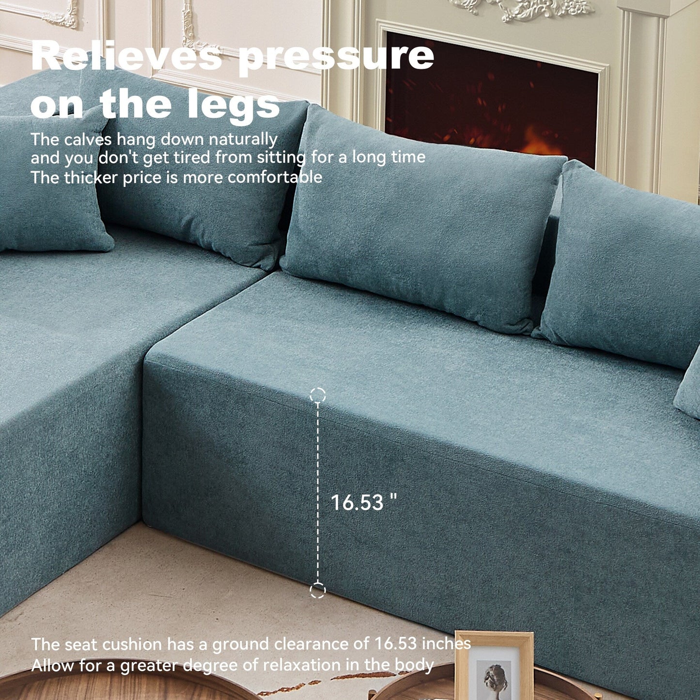 Divano componibile a L in tessuto blu da 107,48'' con chaise longue, cuscini da 16,53 pollici e combinazione libera da 2 pezzi