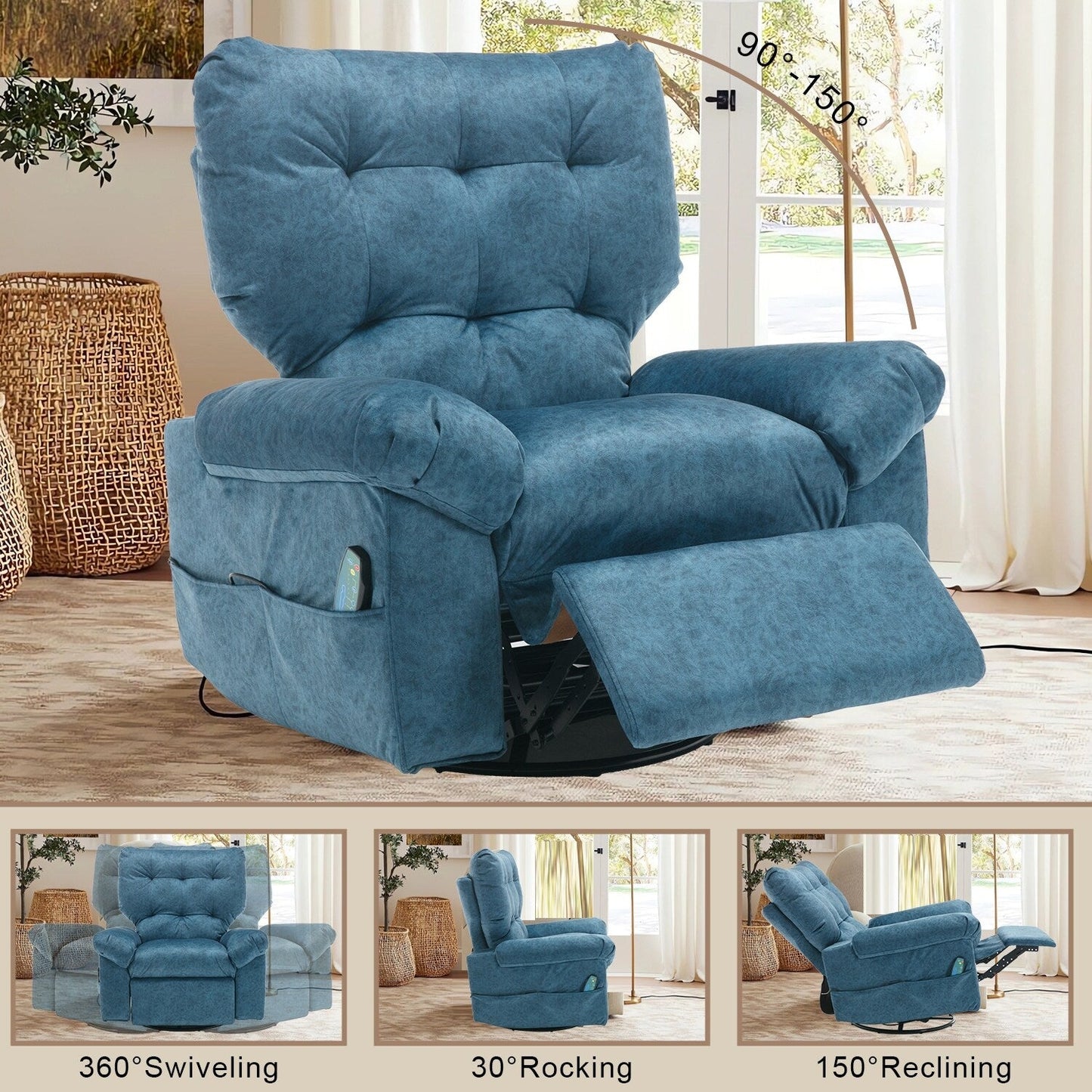 Poltrona reclinabile girevole a 360° blu con massaggio vibrante, riscaldamento lombare, tasche laterali