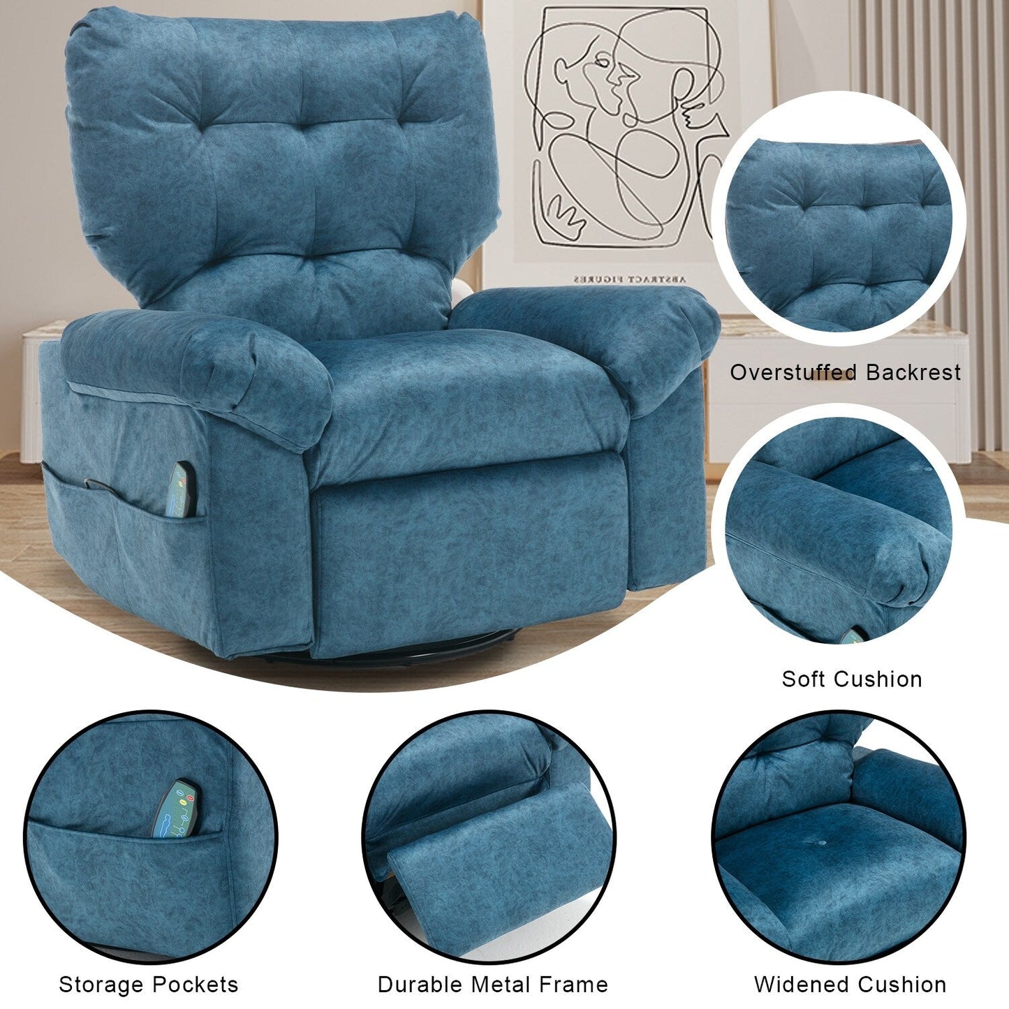Poltrona reclinabile girevole a 360° blu con massaggio vibrante, riscaldamento lombare, tasche laterali