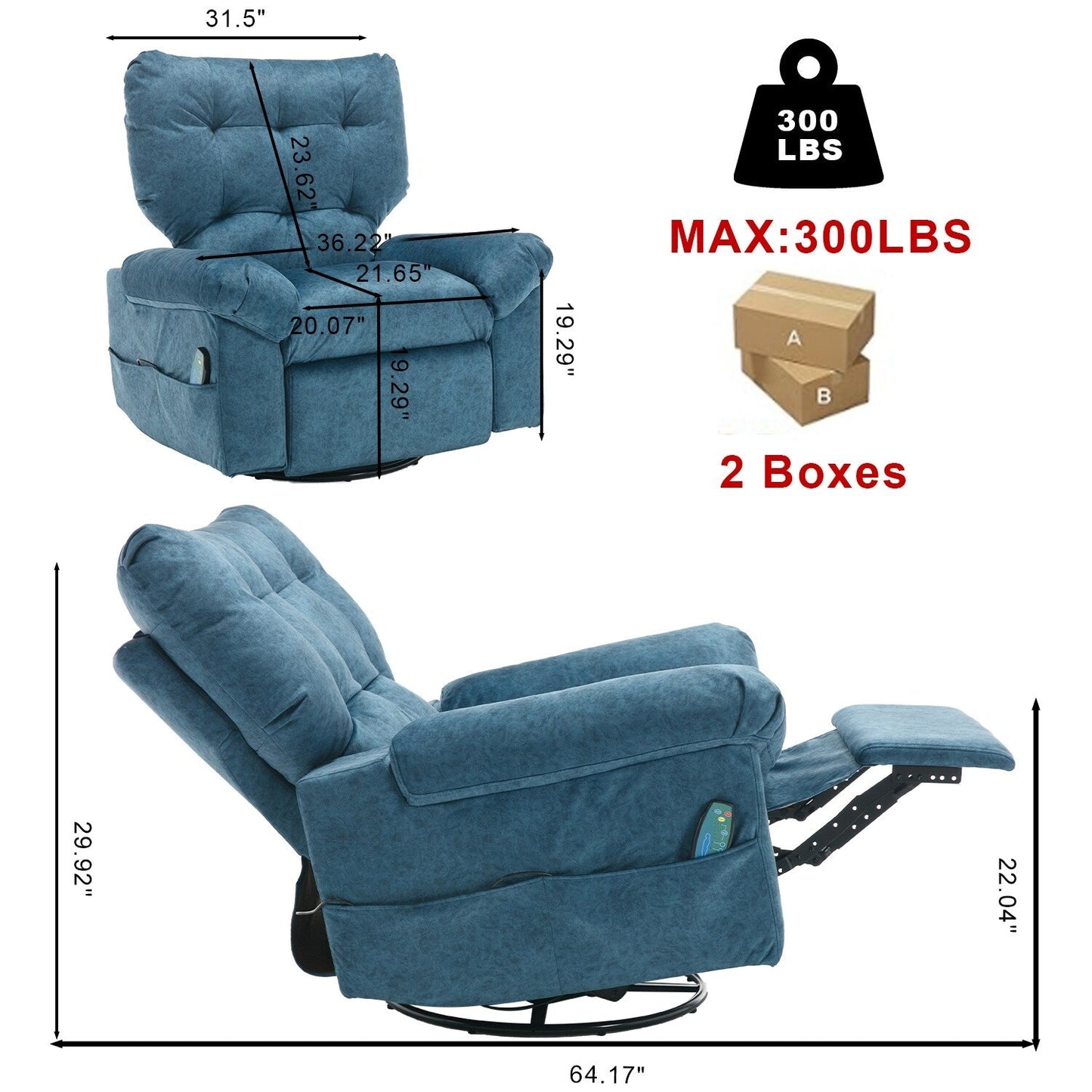 Poltrona reclinabile girevole a 360° blu con massaggio vibrante, riscaldamento lombare, tasche laterali