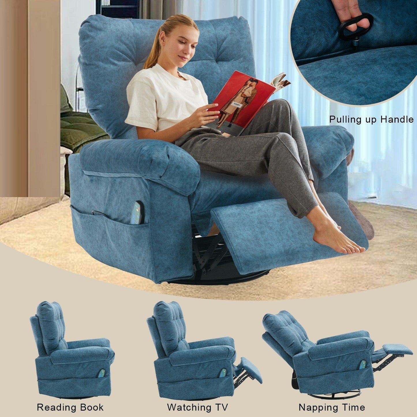 Poltrona reclinabile girevole a 360° blu con massaggio vibrante, riscaldamento lombare, tasche laterali