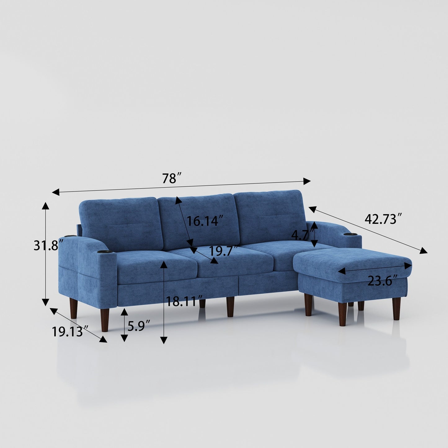 Divano trasformabile a L in tessuto blu da 78'' con contenitore, porta USB e portabicchieri, ideale per piccoli spazi