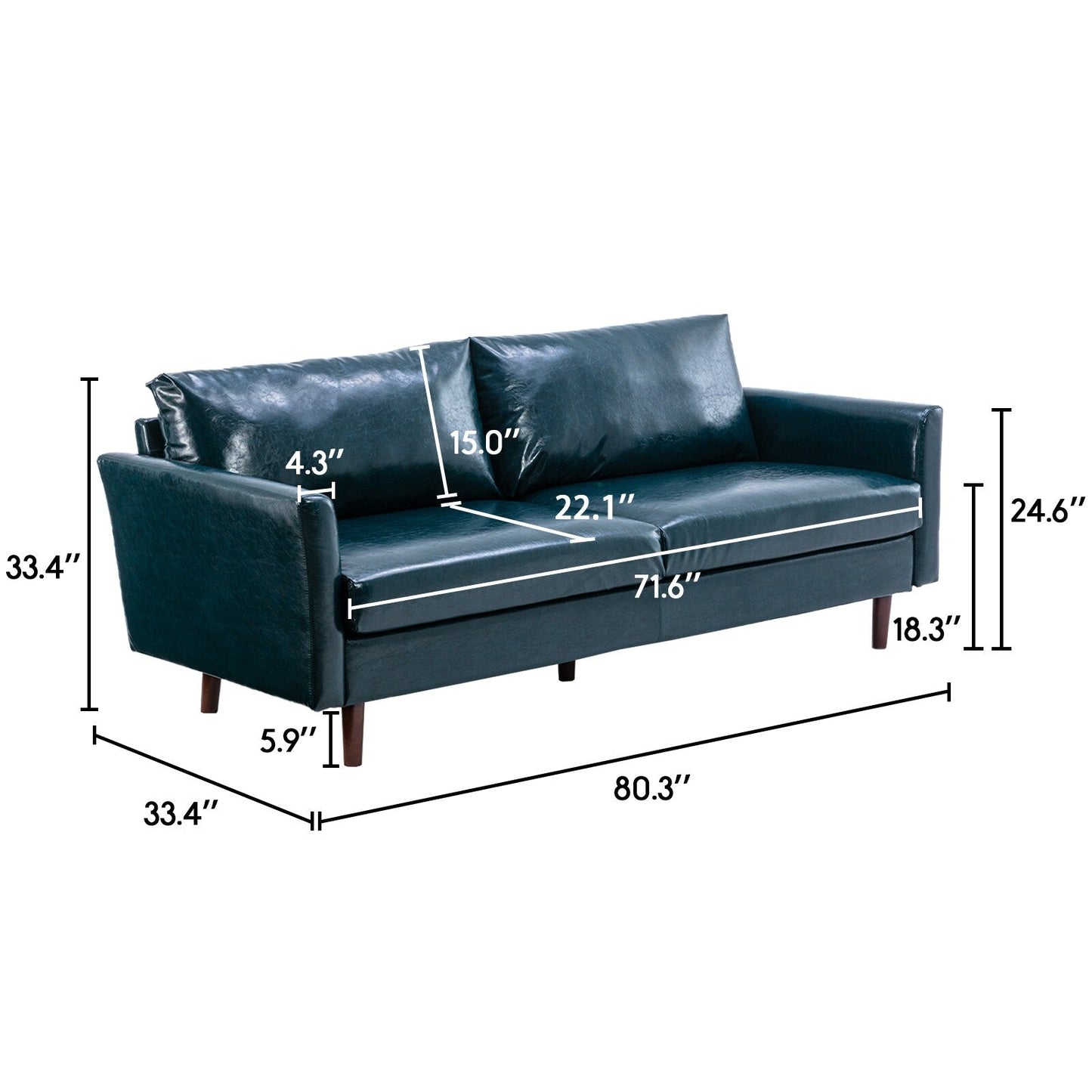 Divano a 3 posti in similpelle blu da 80'' con struttura in legno, cuscini imbottiti e schienale staccabile
