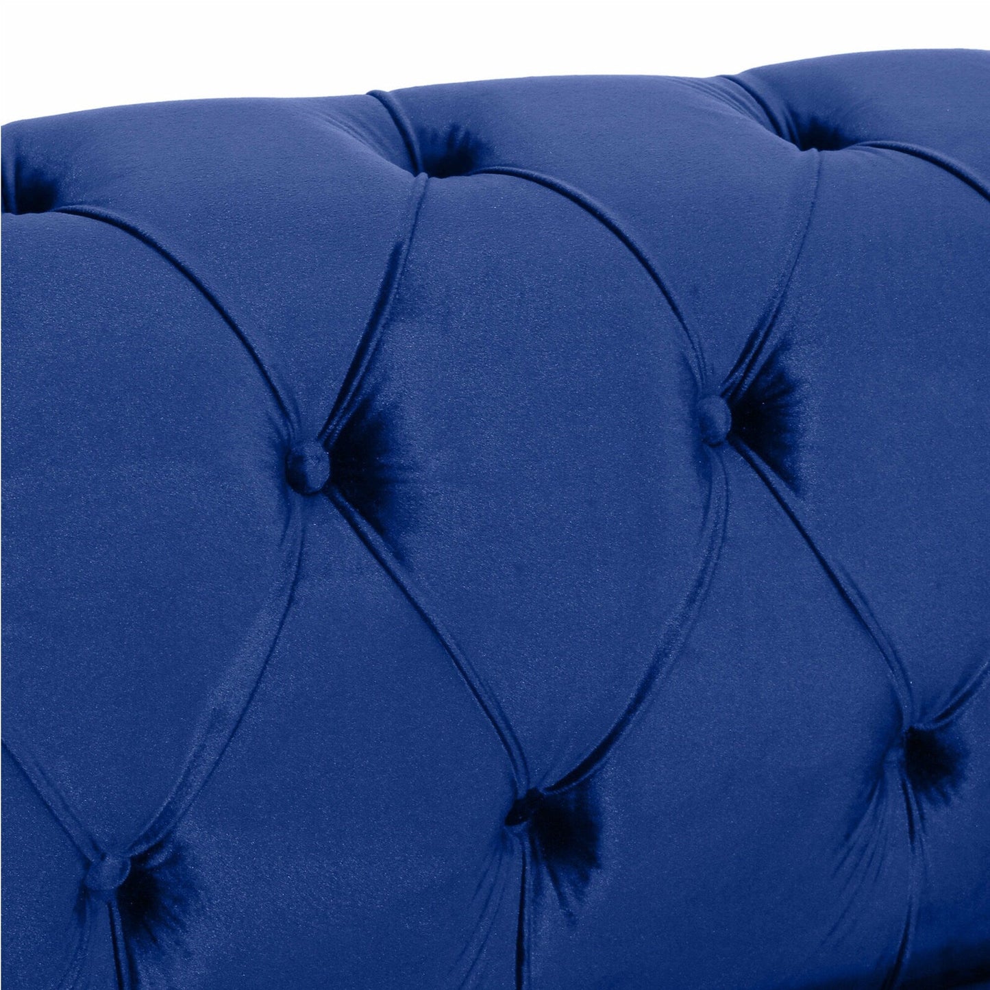 Divano a 3 posti in velluto blu da 83,5'' con schienale capitonné, gambe in legno massello vintage e braccioli larghi - Ideal & Study