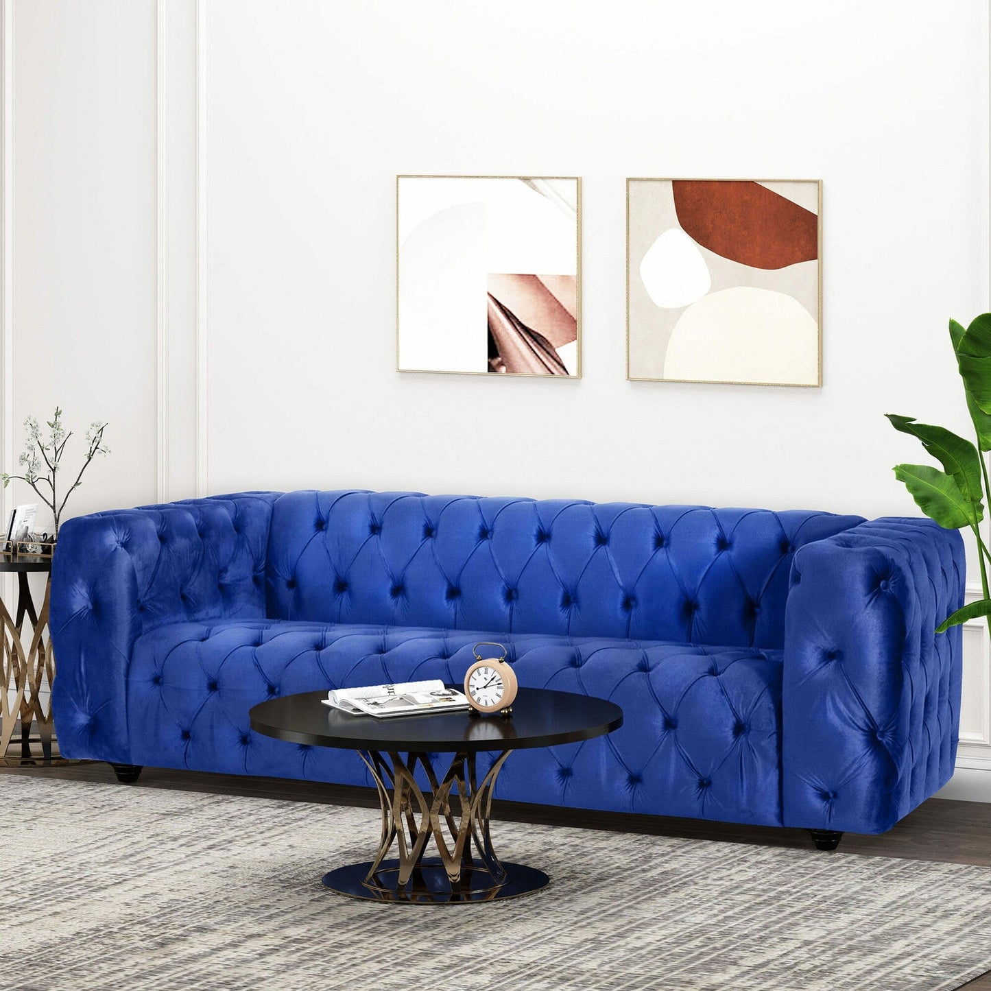 Divano a 3 posti in velluto blu da 83,5'' con schienale capitonné, gambe in legno massello vintage e braccioli larghi - Ideal & Study