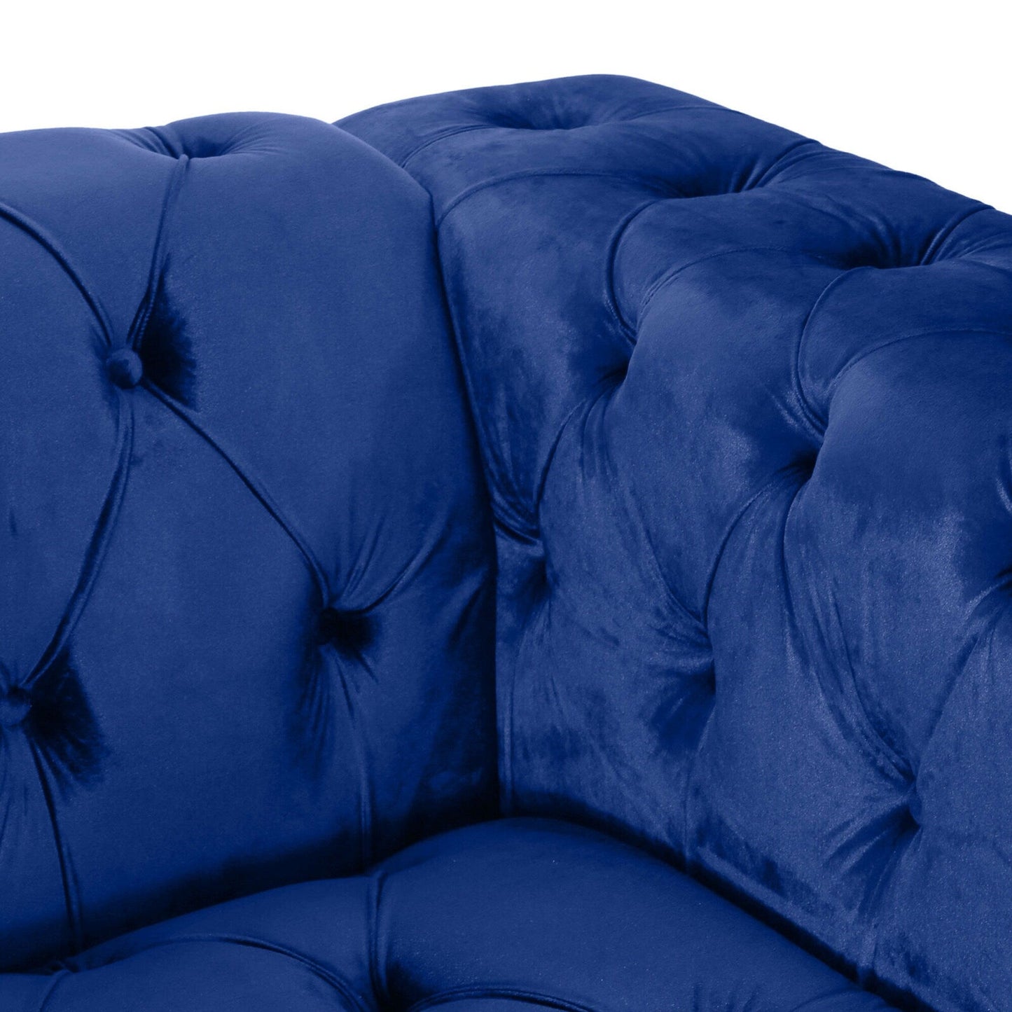 Divano a 3 posti in velluto blu da 83,5'' con schienale capitonné, gambe in legno massello vintage e braccioli larghi - Ideal & Study