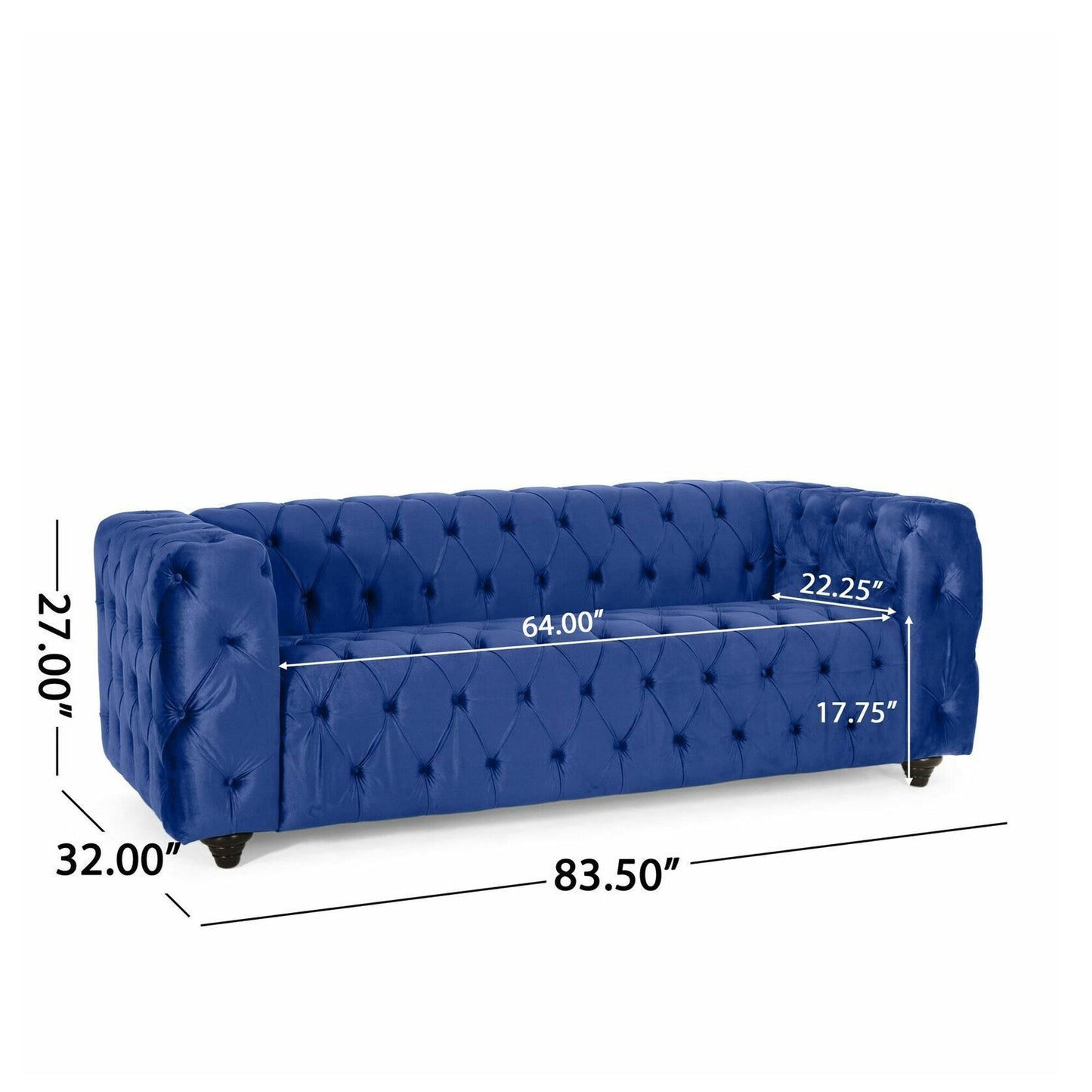 Divano a 3 posti in velluto blu da 83,5'' con schienale capitonné, gambe in legno massello vintage e braccioli larghi - Ideal & Study