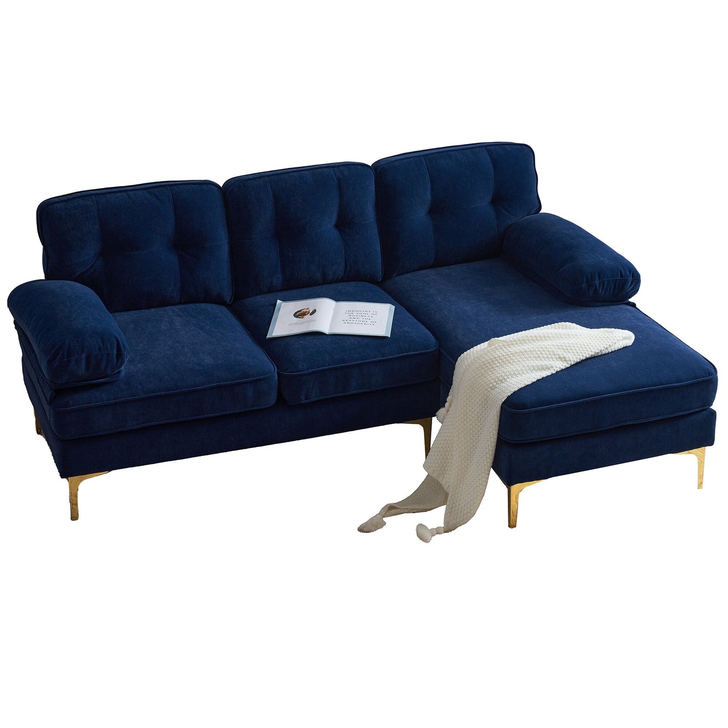 Divano a L in velluto blu 83 con schienale e braccioli sfoderabili, gambe in metallo e struttura robusta
