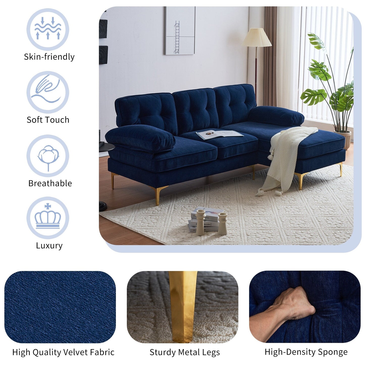 Divano componibile a 3 posti in velluto a L blu da 83'' con gambe in metallo