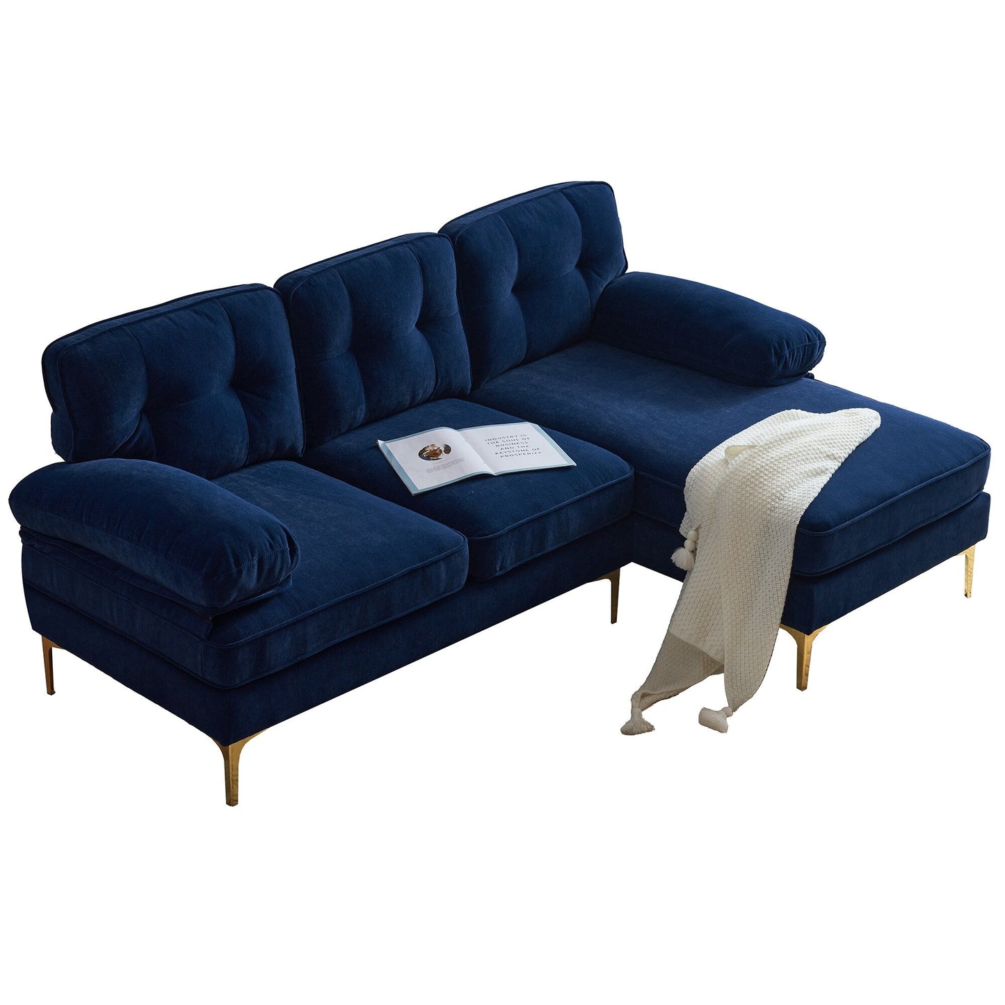 Divano componibile a 3 posti in velluto a L blu da 83'' con gambe in metallo