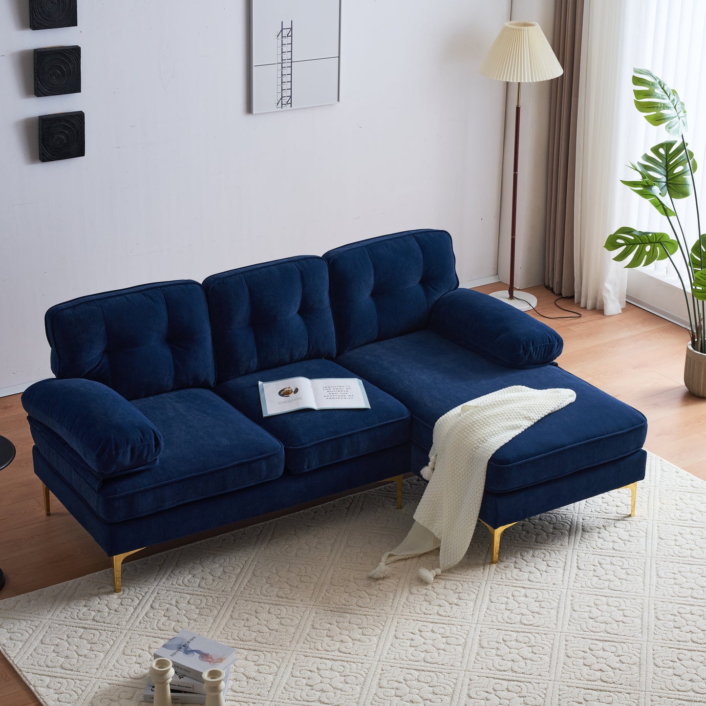 Divano componibile a 3 posti a L in velluto blu da 83'' con schienali mobili e gambe in metallo