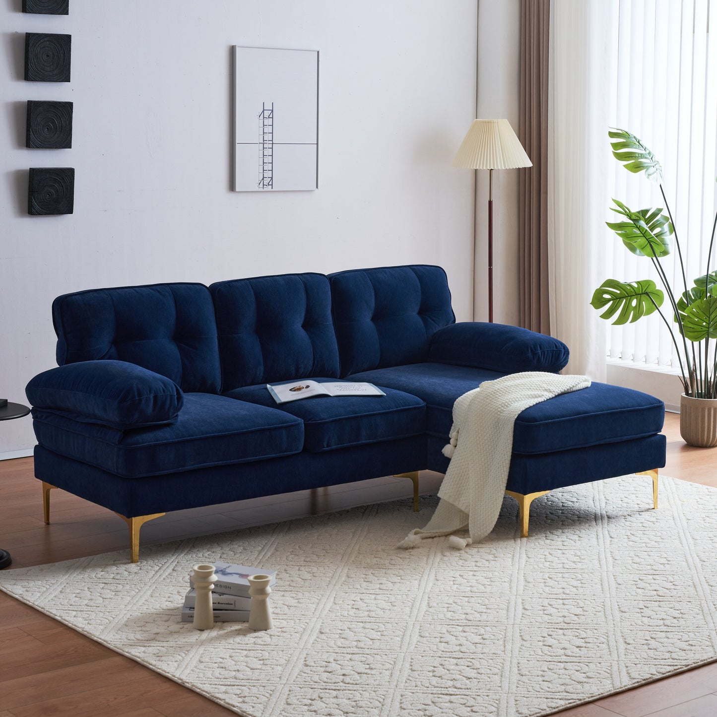 Divano a 3 posti a L in velluto blu da 83'' con schienale staccabile, cuscini in morbida schiuma, gambe in metallo e braccioli