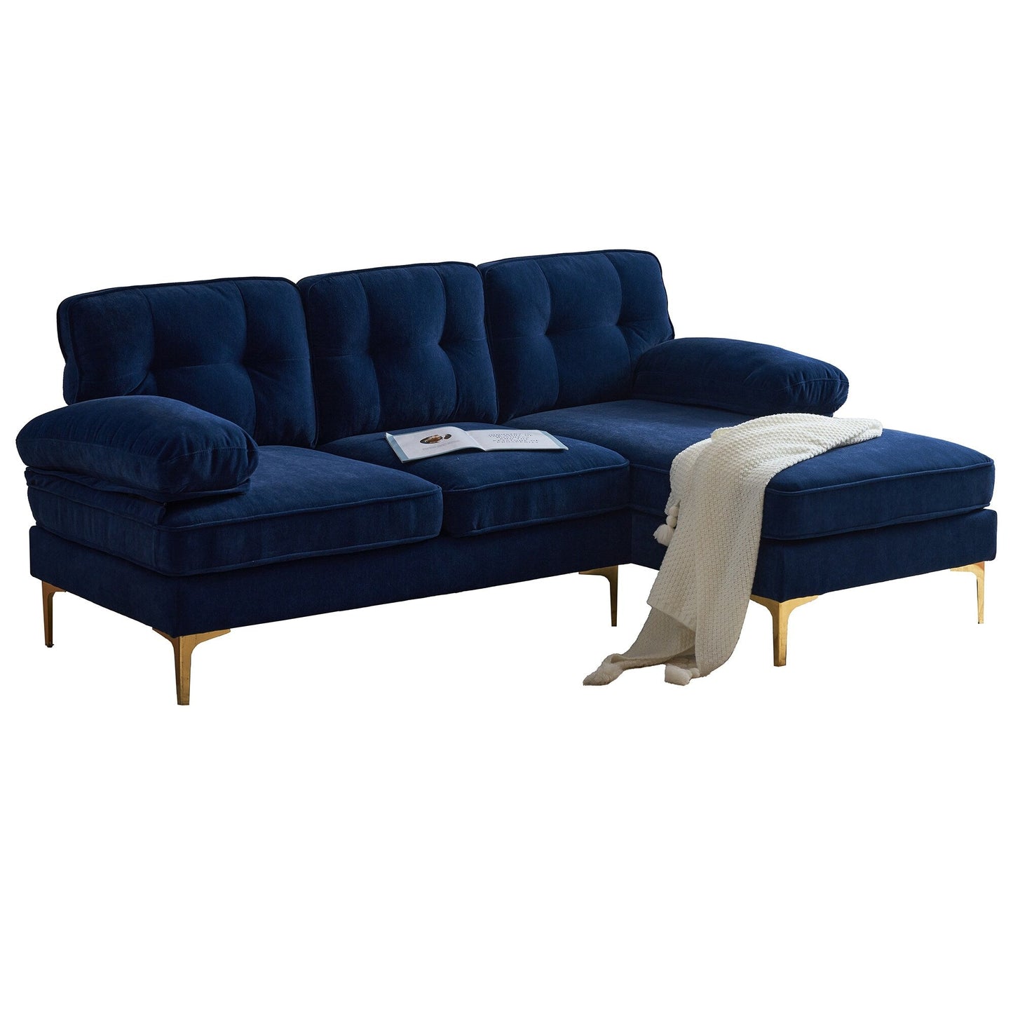 Divano a 3 posti a L in velluto blu da 83'' con schienale staccabile, cuscini in morbida schiuma, gambe in metallo e braccioli