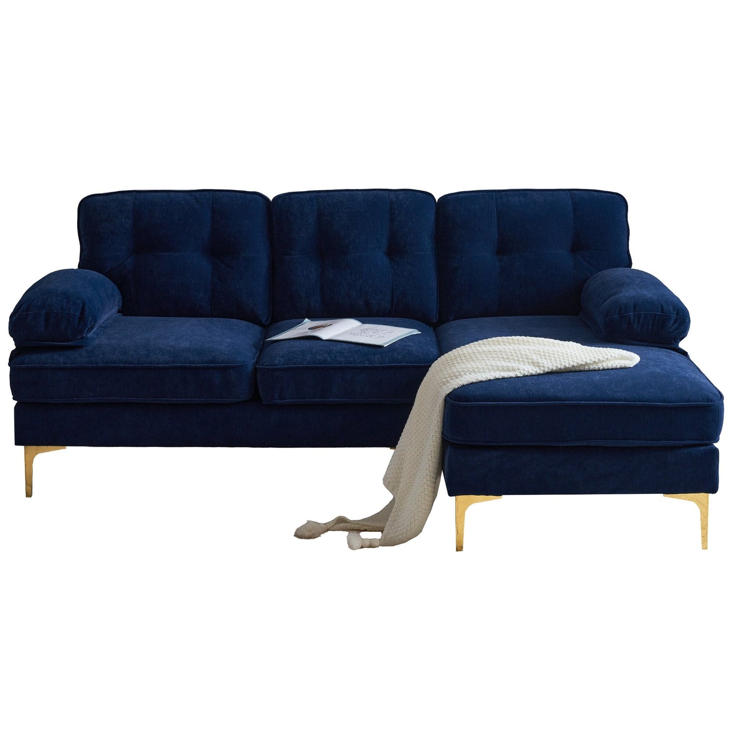 Divano a 3 posti a L in velluto blu da 83'' con schienale staccabile, cuscini in morbida schiuma, gambe in metallo e braccioli
