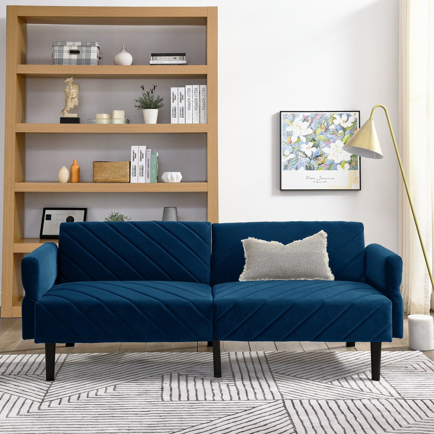 Divano letto futon convertibile in velluto blu 87 con braccioli regolabili per soggiorno