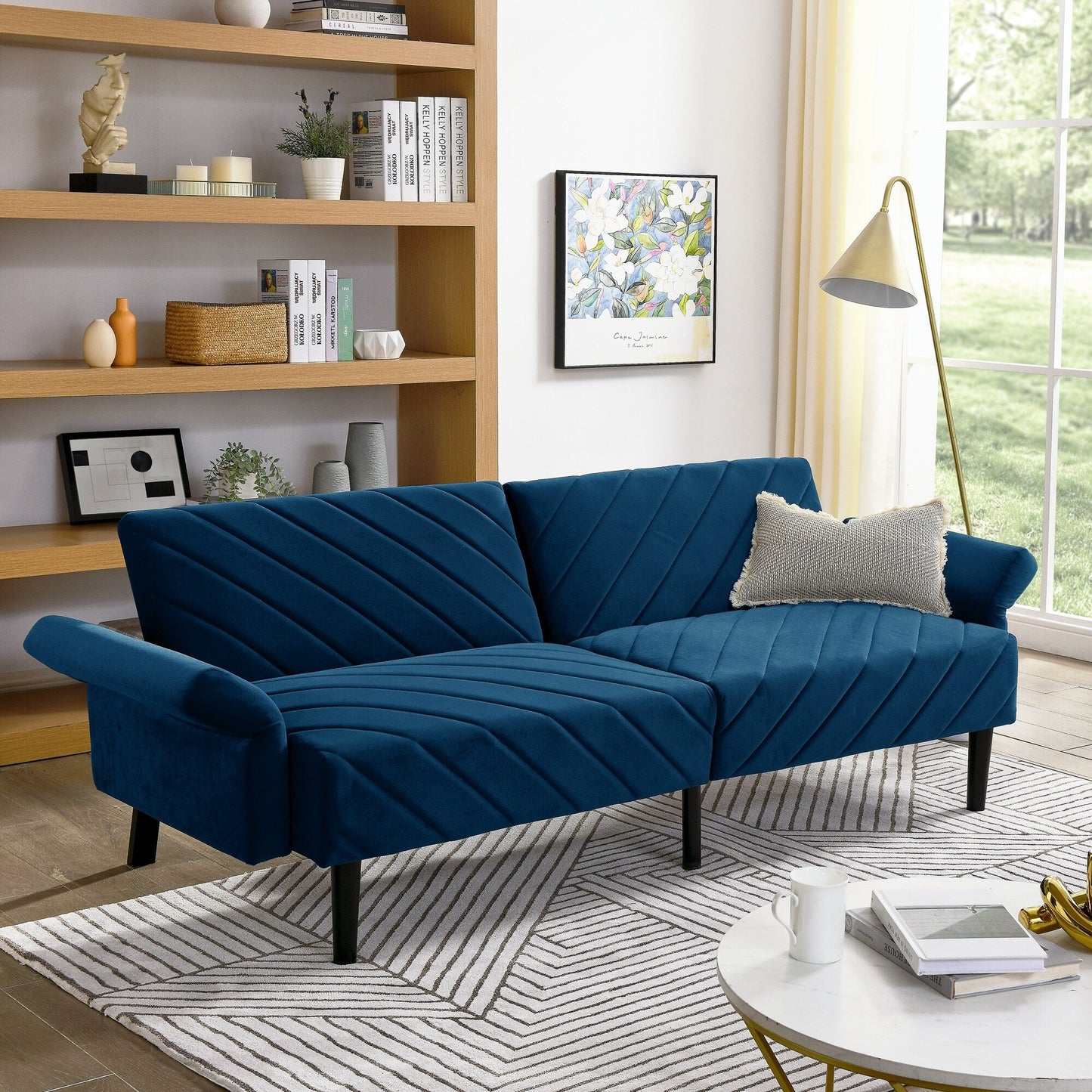 Divano letto futon convertibile in velluto blu 87 con braccioli regolabili per soggiorno