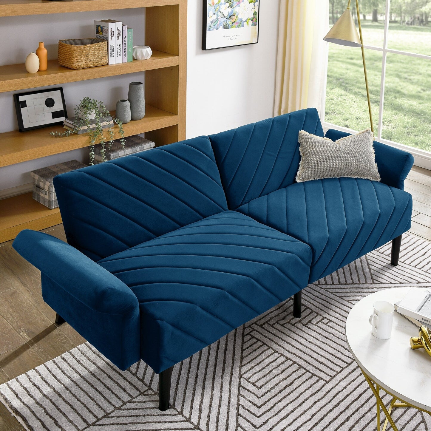 Divano letto futon convertibile in velluto blu 87 con braccioli regolabili per soggiorno