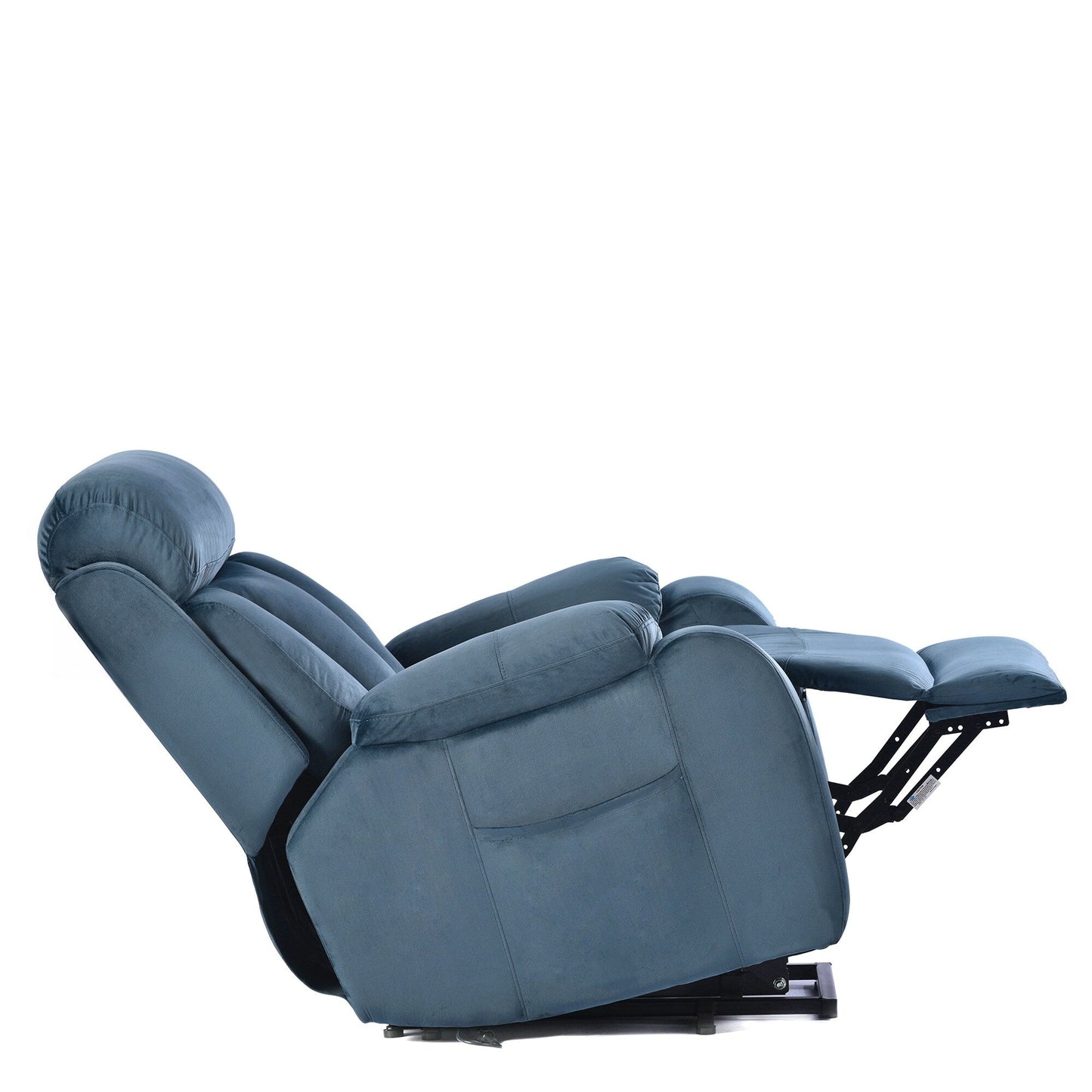 Poltrona reclinabile elettrica in tessuto antiscivolo blu per anziani, con telecomando, design morbido e tasca portaoggetti laterale