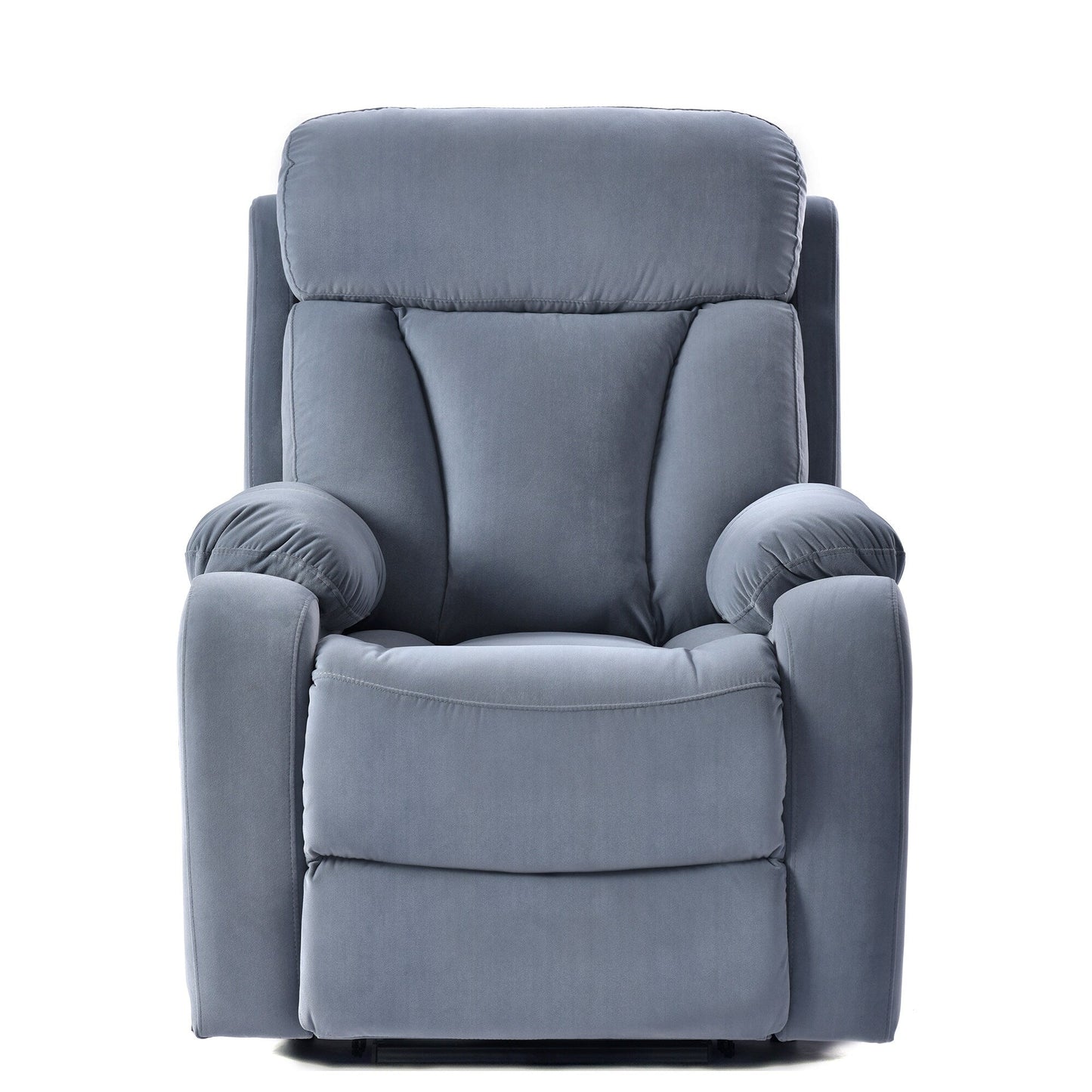 Poltrona reclinabile elettrica in tessuto antiscivolo blu per anziani, con telecomando, design morbido e tasca portaoggetti laterale